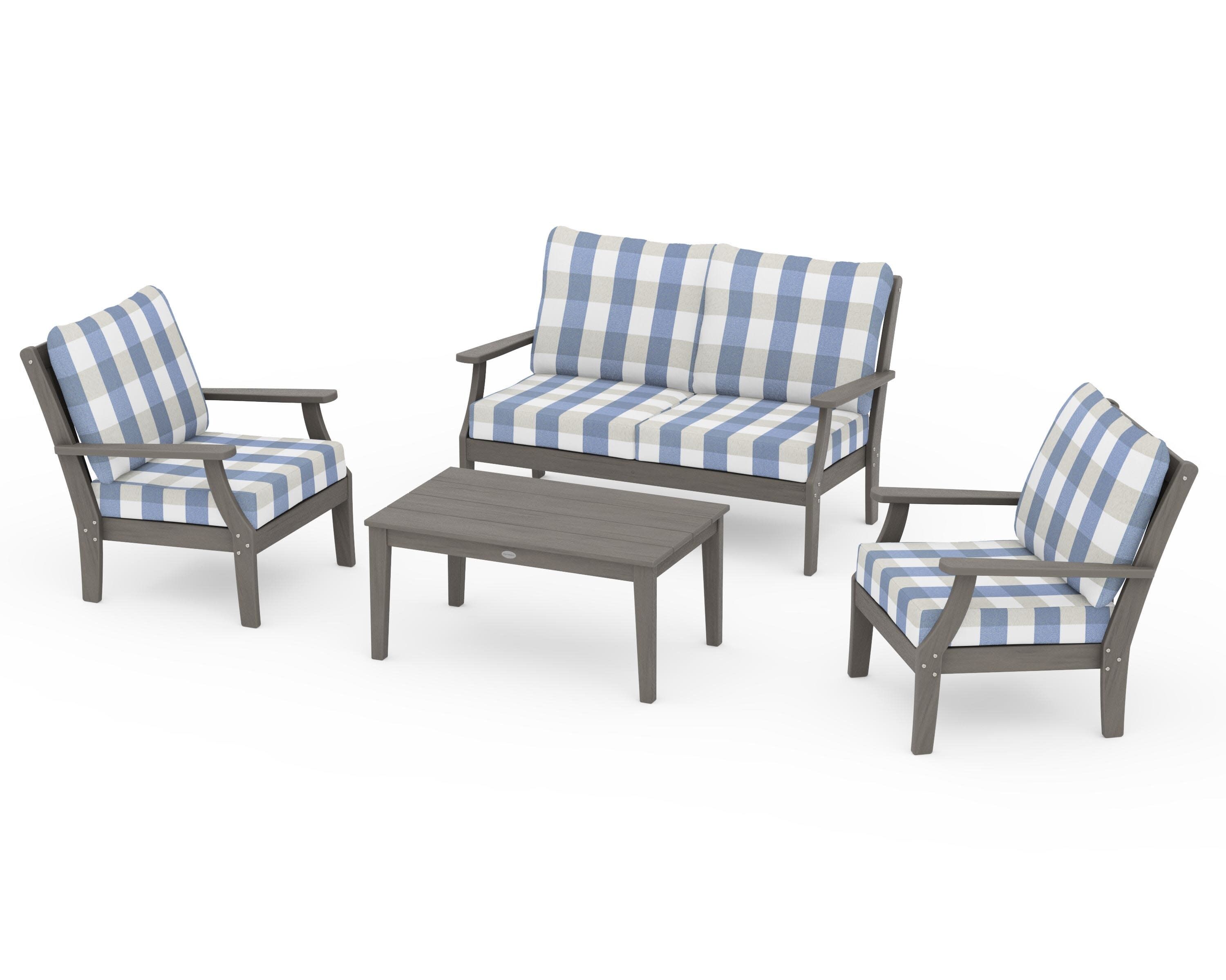 Braxton 4-Piece Deep Seating Chair Set in Driftwood / Buffalo Plaid Sky Blue