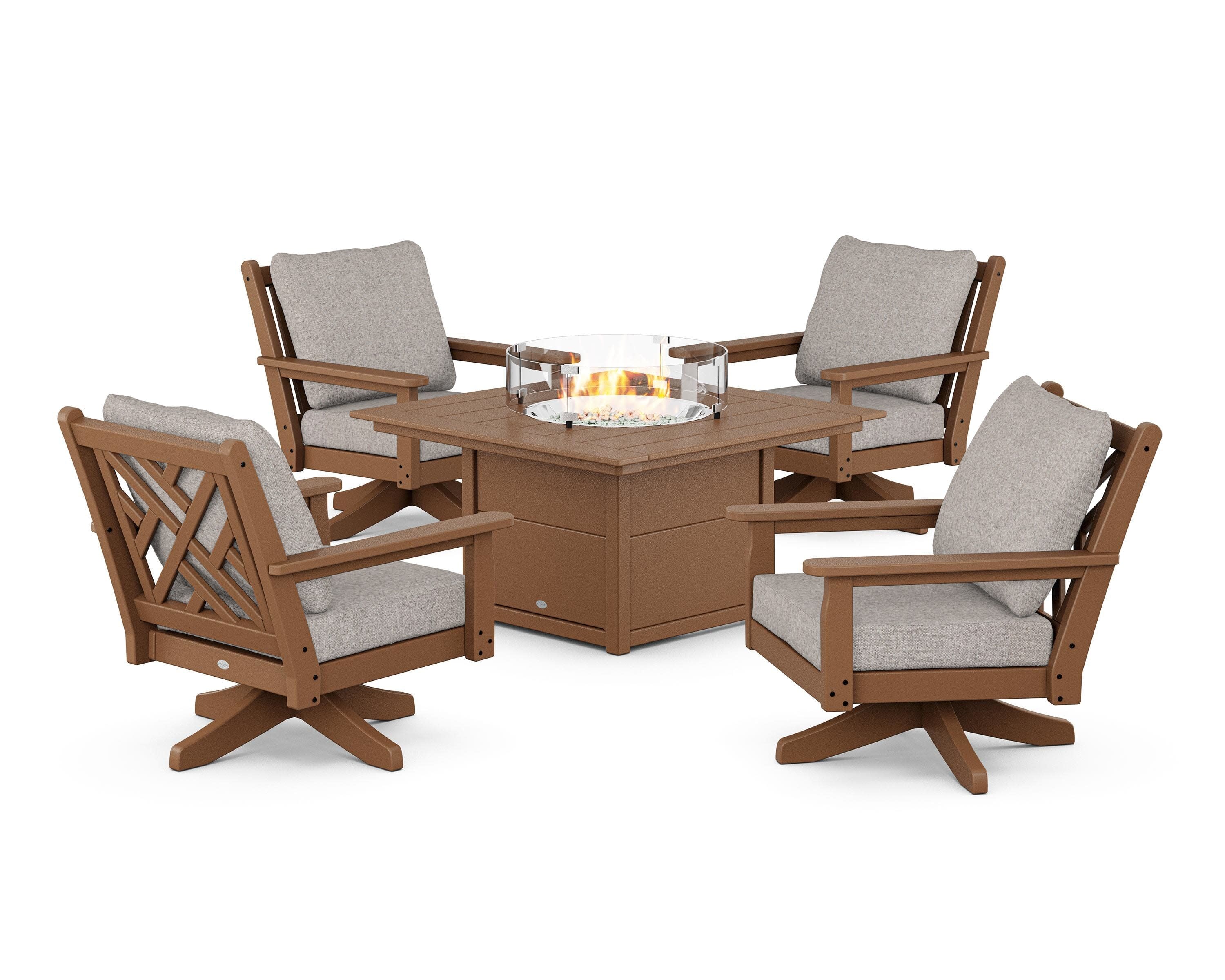 Chippendale 5-Piece Deep Seating Swivel Conversation Set with Fire Pit Table in Teak / Weathered Tweed