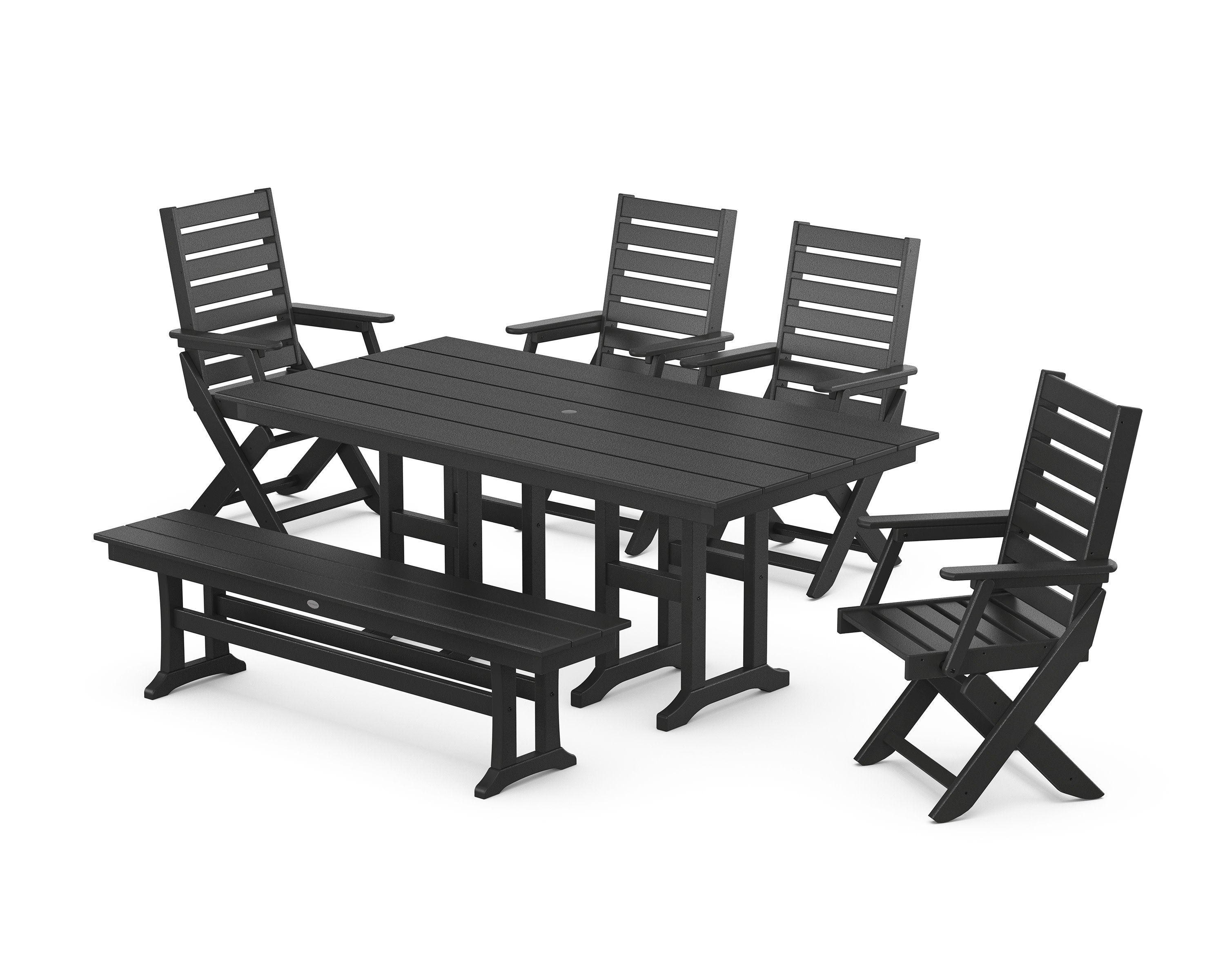 Captain Folding Chair 6-Piece Farmhouse Dining Set with Bench in Black