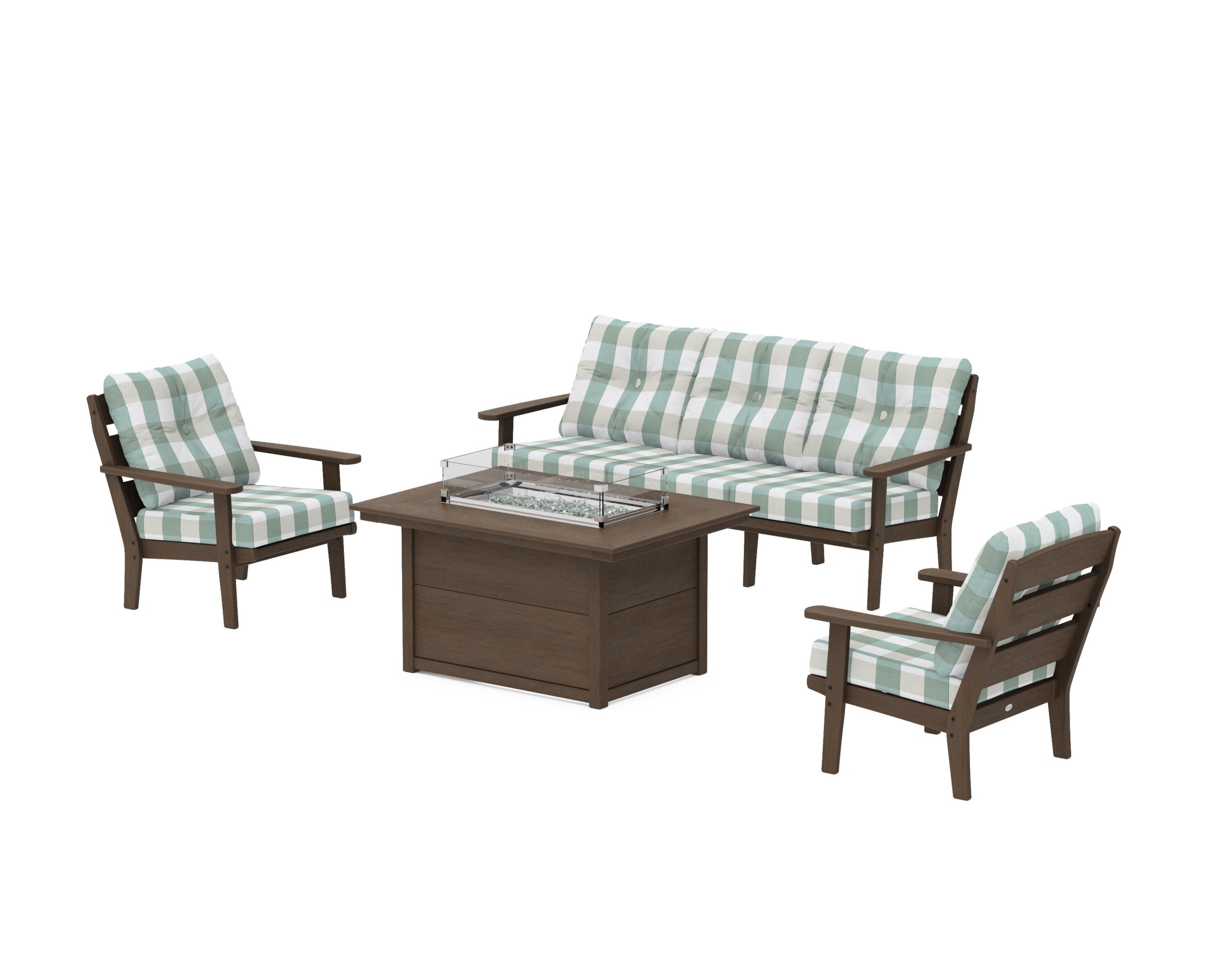 Lakeside Deep Seating Fire Pit Table Set in Kona / Buffalo Plaid Glacier Spa