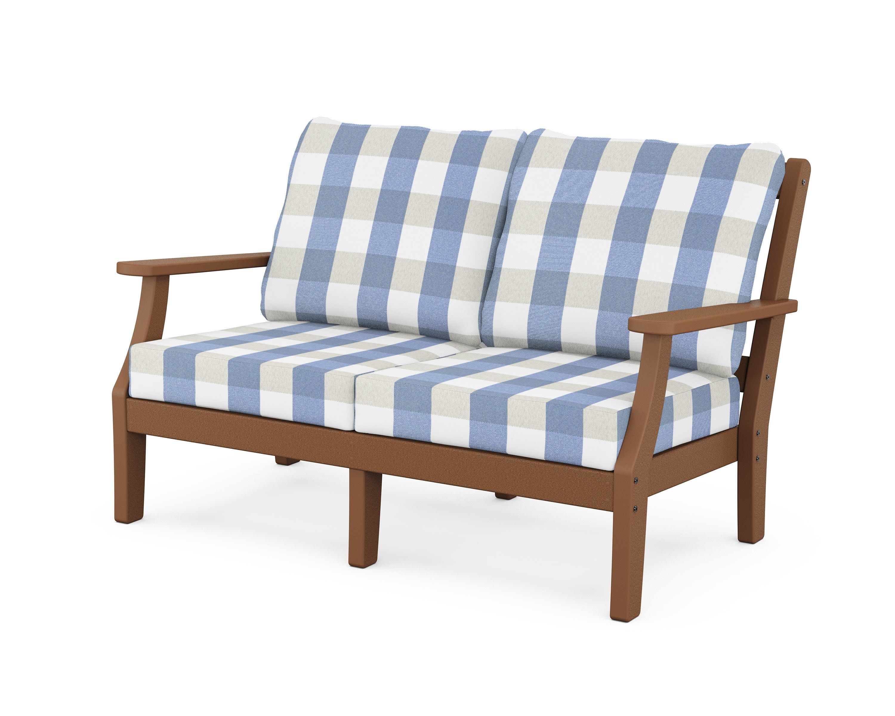 Chinoiserie Deep Seating Loveseat in Teak / Buffalo Plaid Sky Blue