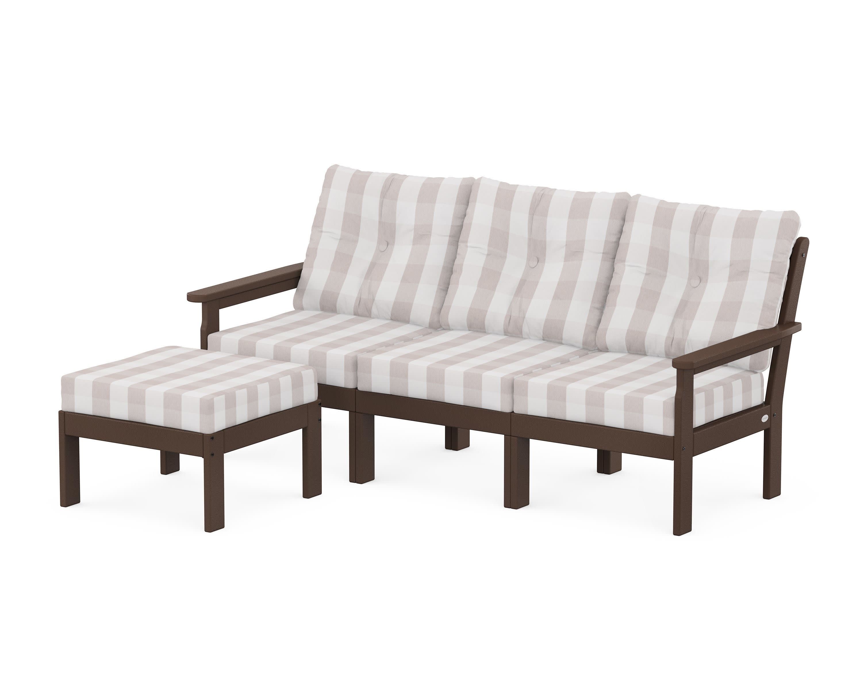 Vineyard 4-Piece Sectional with Ottoman in Mahogany / Buffalo Plaid Dune Burlap