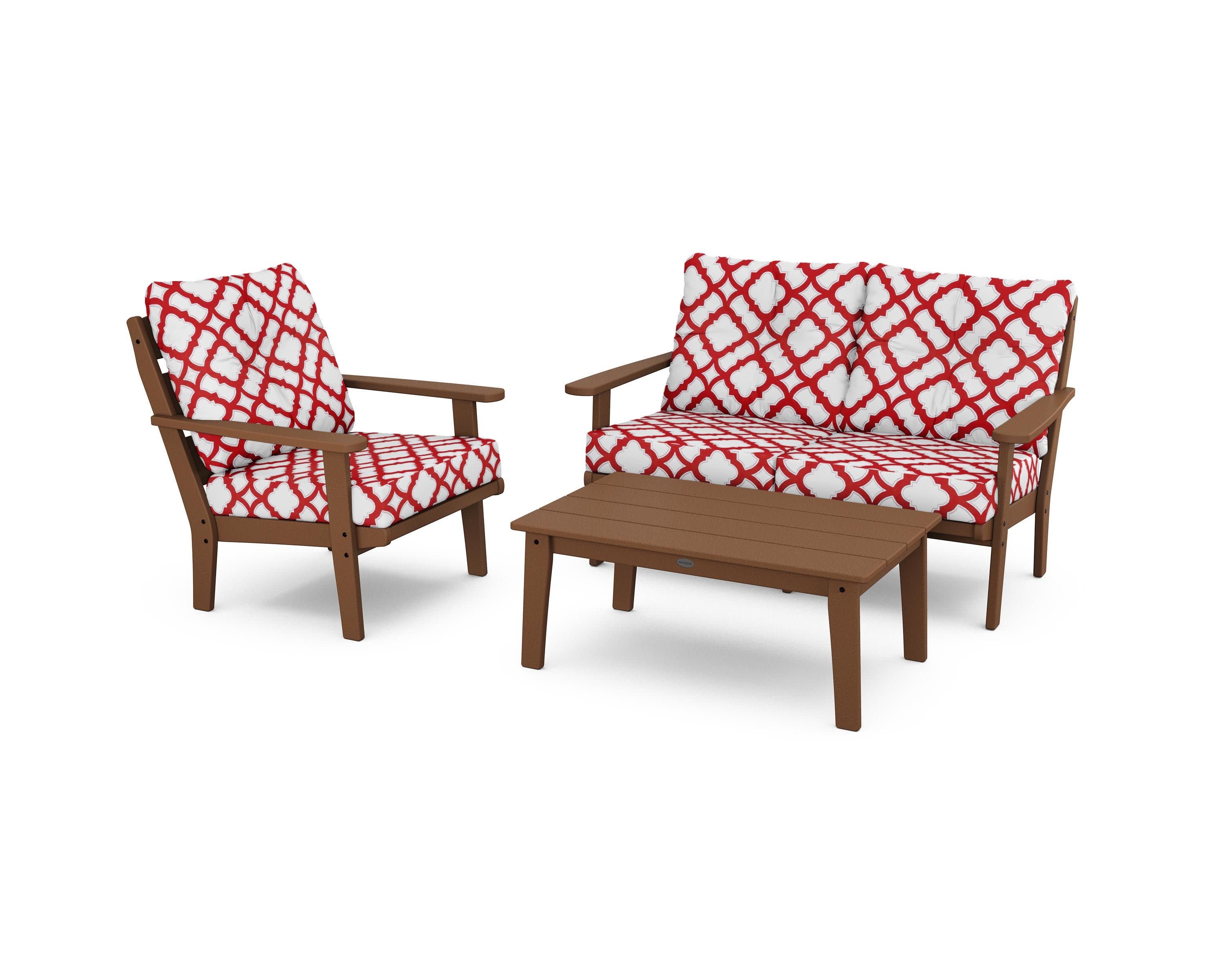 Lakeside 3-Piece Deep Seating Set in Teak / Trellis Crimson