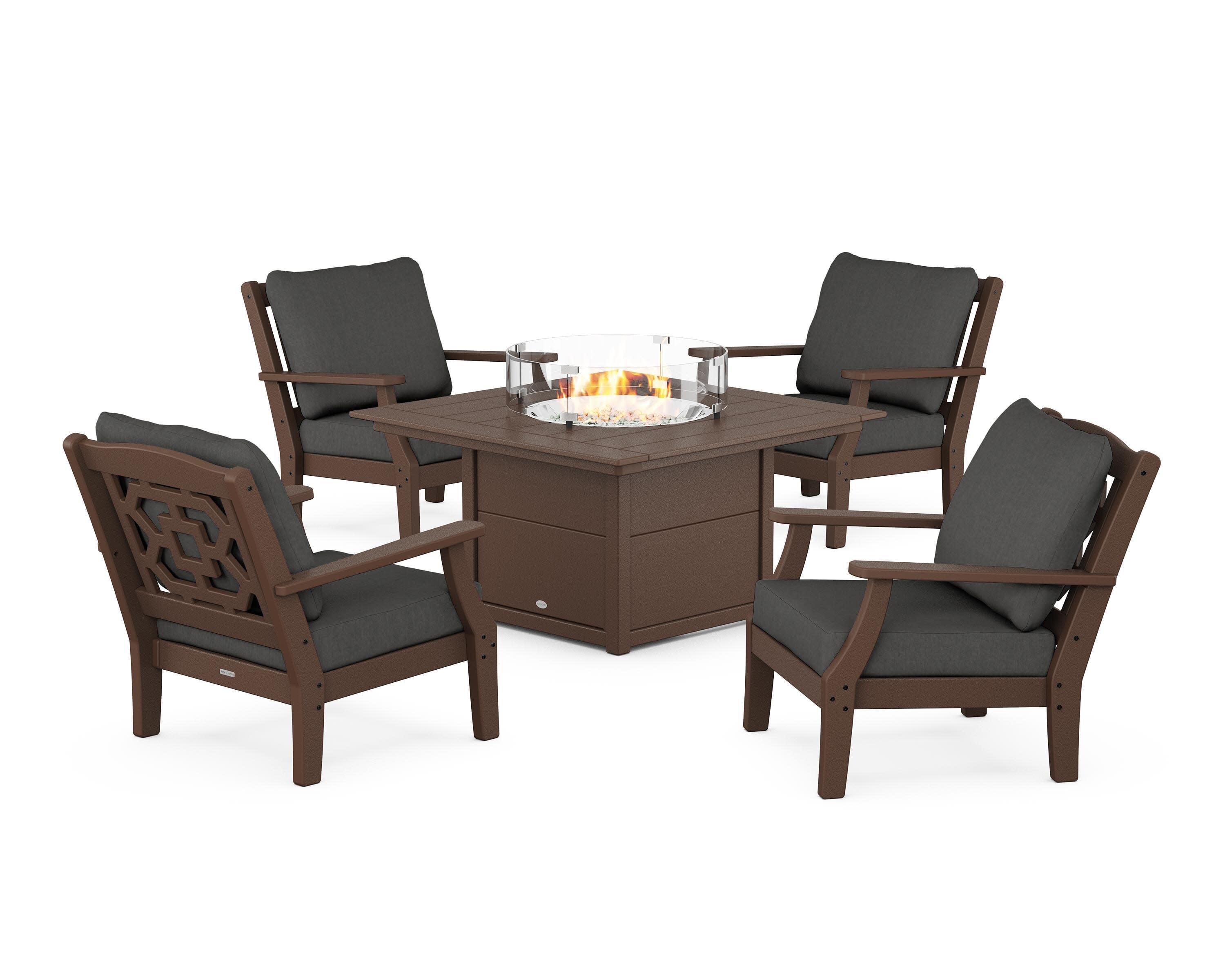 Chinoiserie 5-Piece Deep Seating Set with Fire Pit Table in Mahogany / Spectrum Carbon