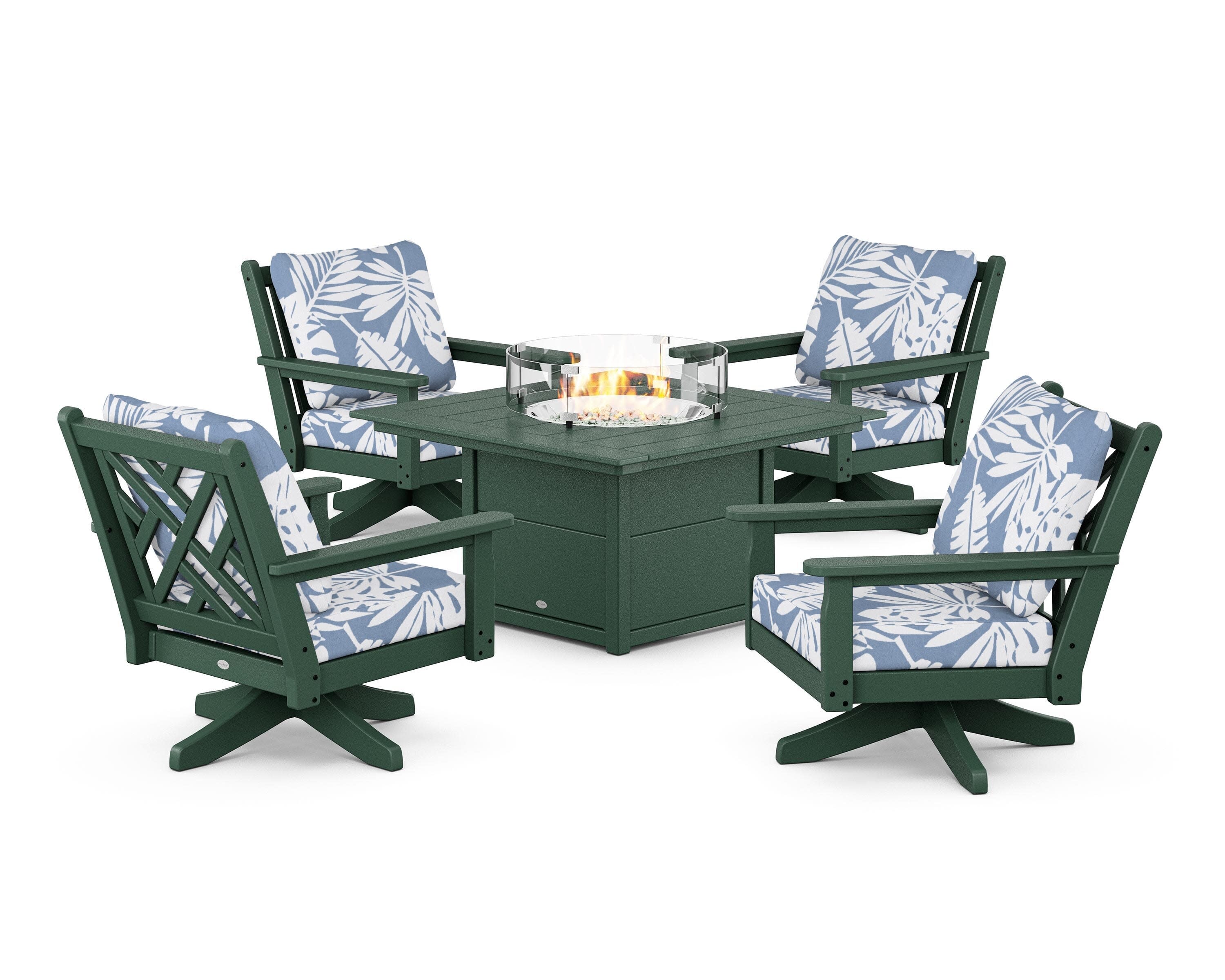 Chippendale 5-Piece Deep Seating Swivel Conversation Set with Fire Pit Table in Green / Leaf Sky Blue