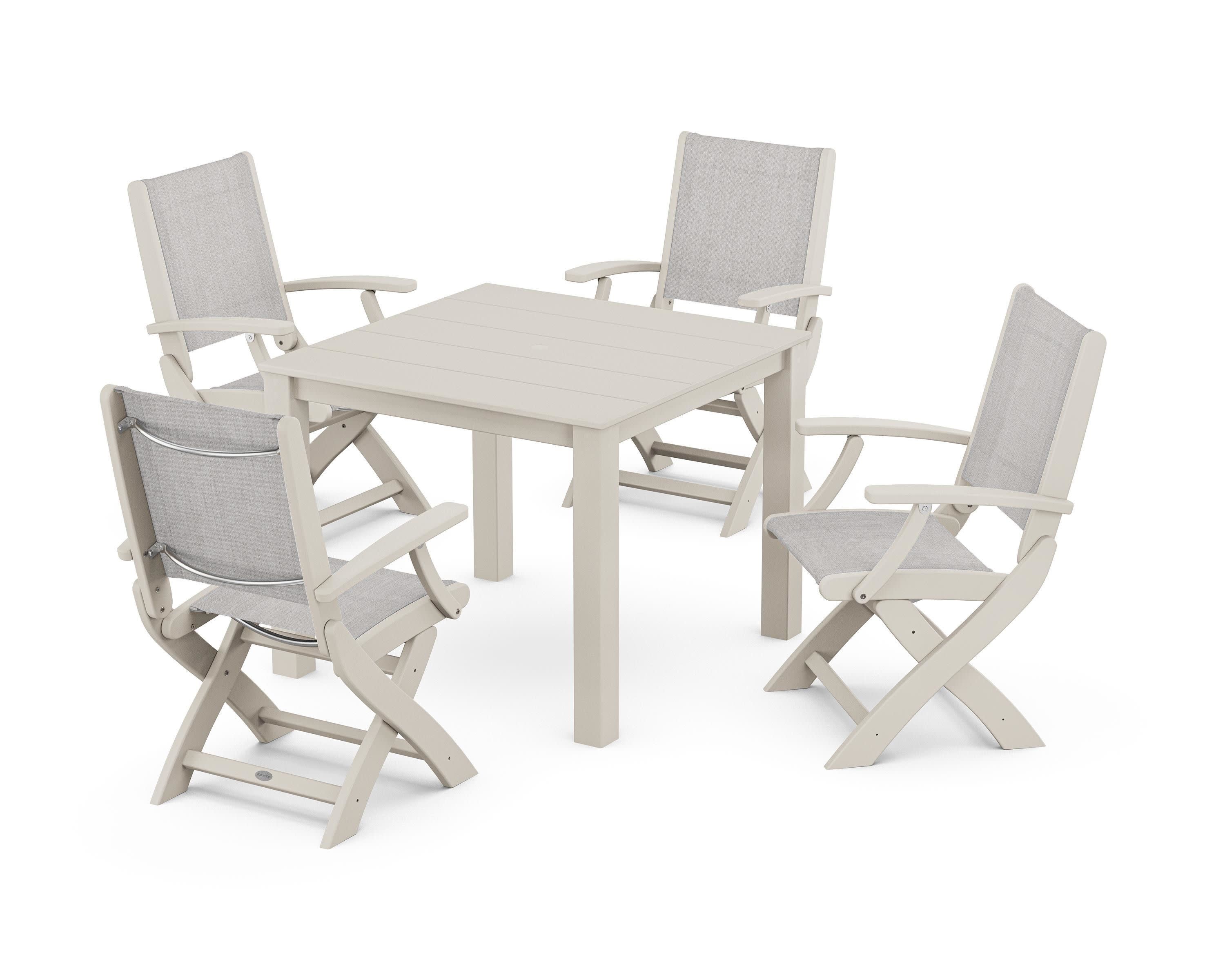 Coastal Folding Chair 5-Piece Parsons Dining Set in Sand / Parchment Sling