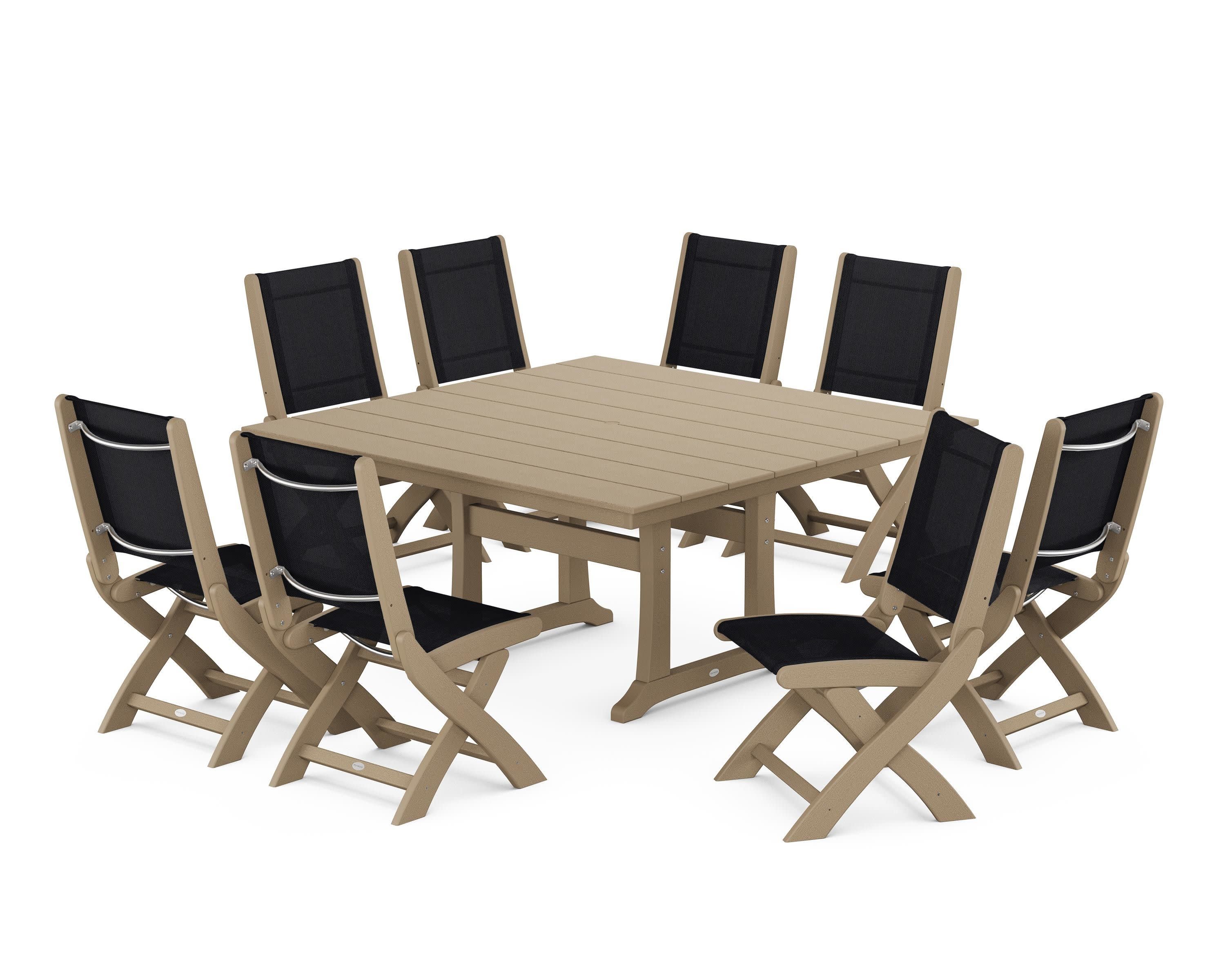 Coastal Folding Side Chair 9-Piece Farmhouse Dining Set in Vintage Sahara / Black Sling
