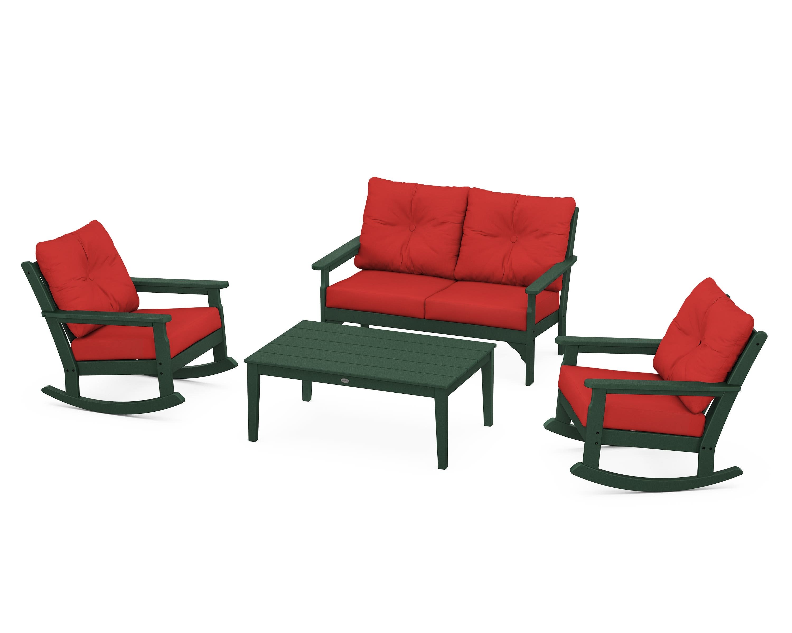 Vineyard 4-Piece Deep Seating Rocking Chair Set in Green / Crimson Linen