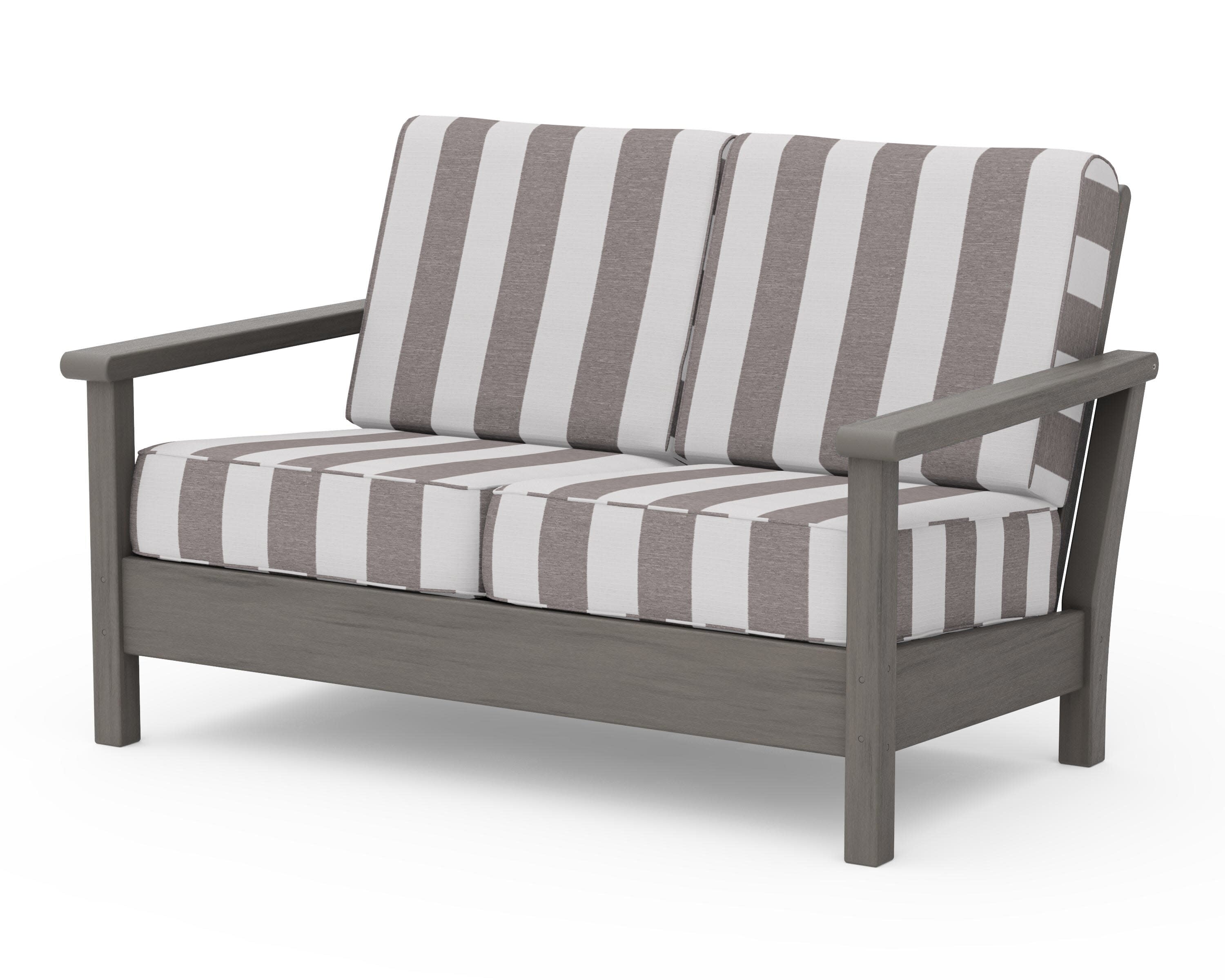 Harbour Deep Seating Loveseat in Driftwood / Cabana Stripe Grey Mist