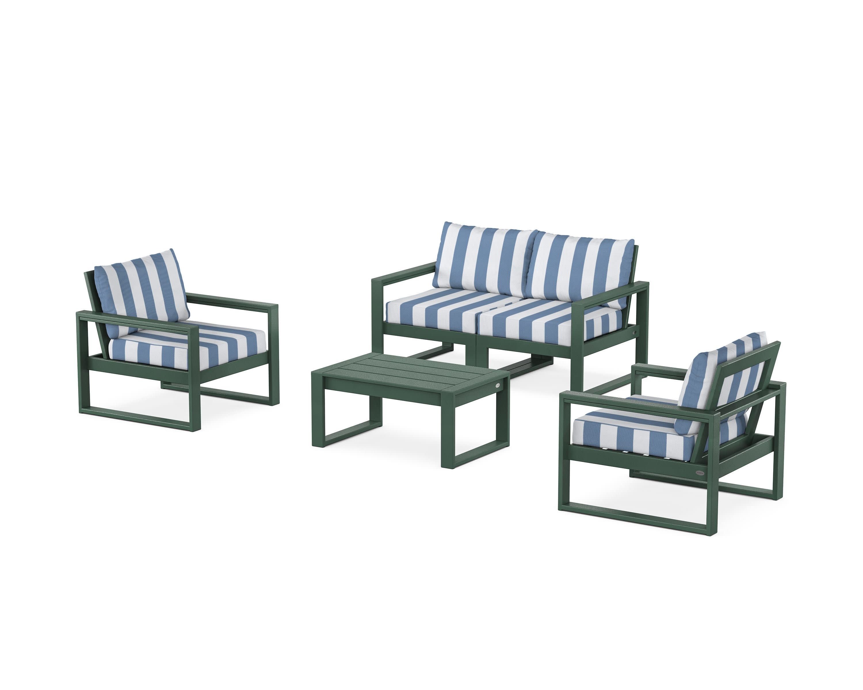 EDGE Sectional 4-Piece Deep Seating Set with Loveseat in Green / Cabana Stripe Sky Blue