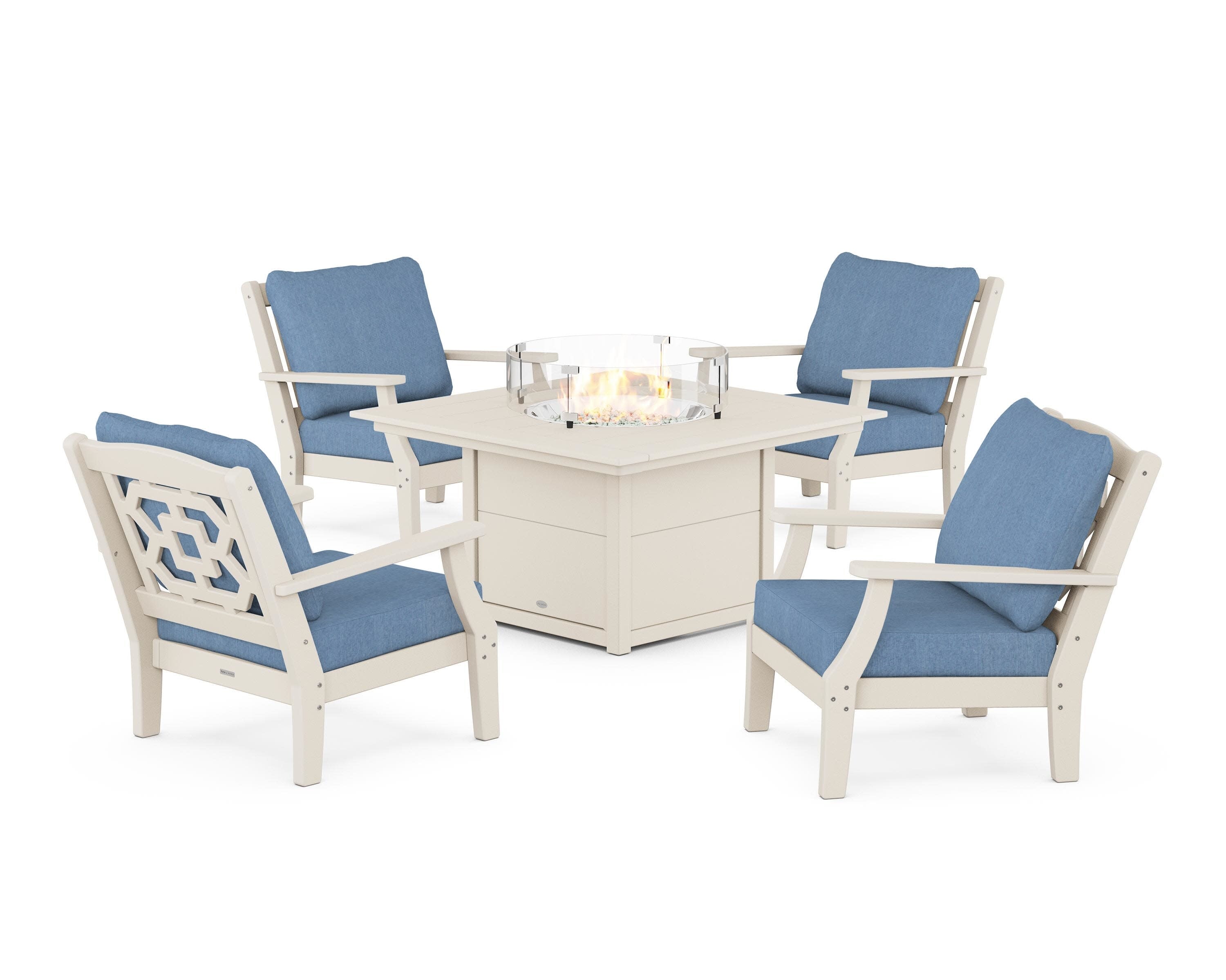 Chinoiserie 5-Piece Deep Seating Set with Fire Pit Table in Sand / Sky Blue