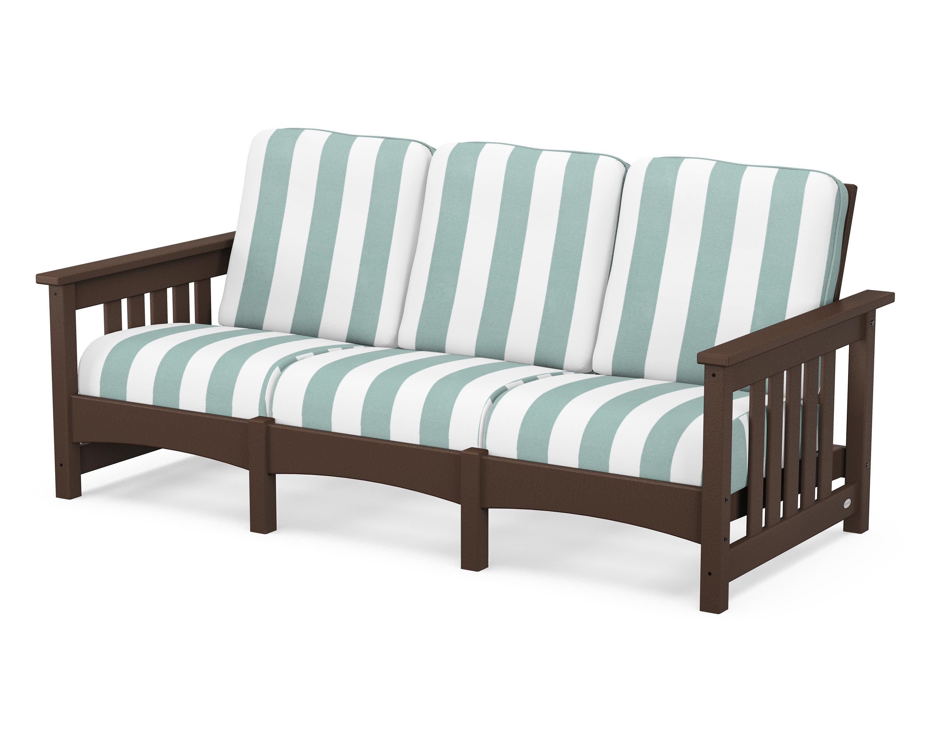 Club Mission Sofa in Mahogany / Cabana Stripe Glacier Spa