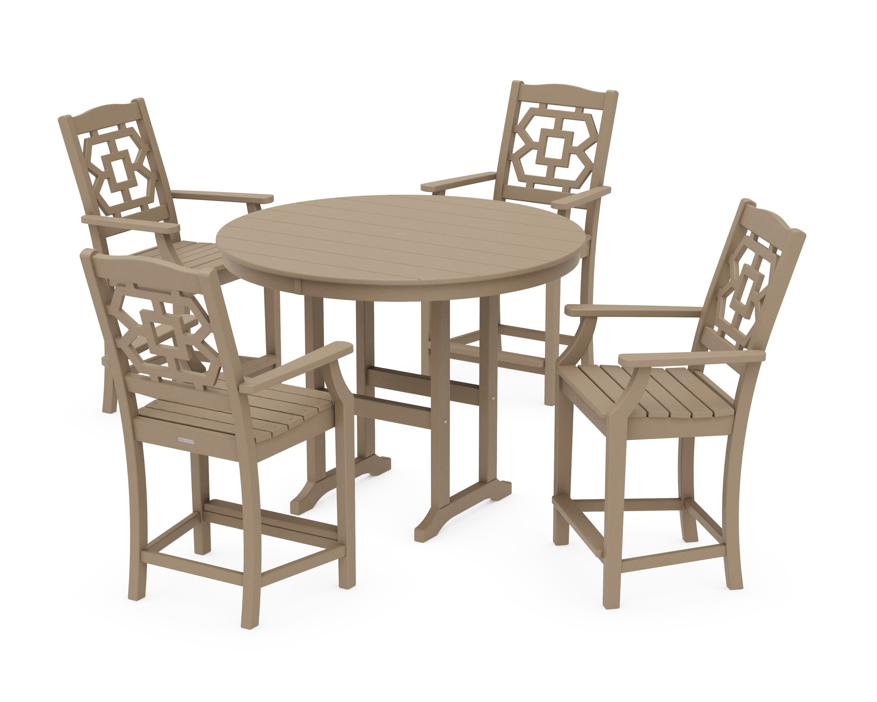 Chinoiserie 5-Piece Round Farmhouse Counter Set in Vintage Sahara