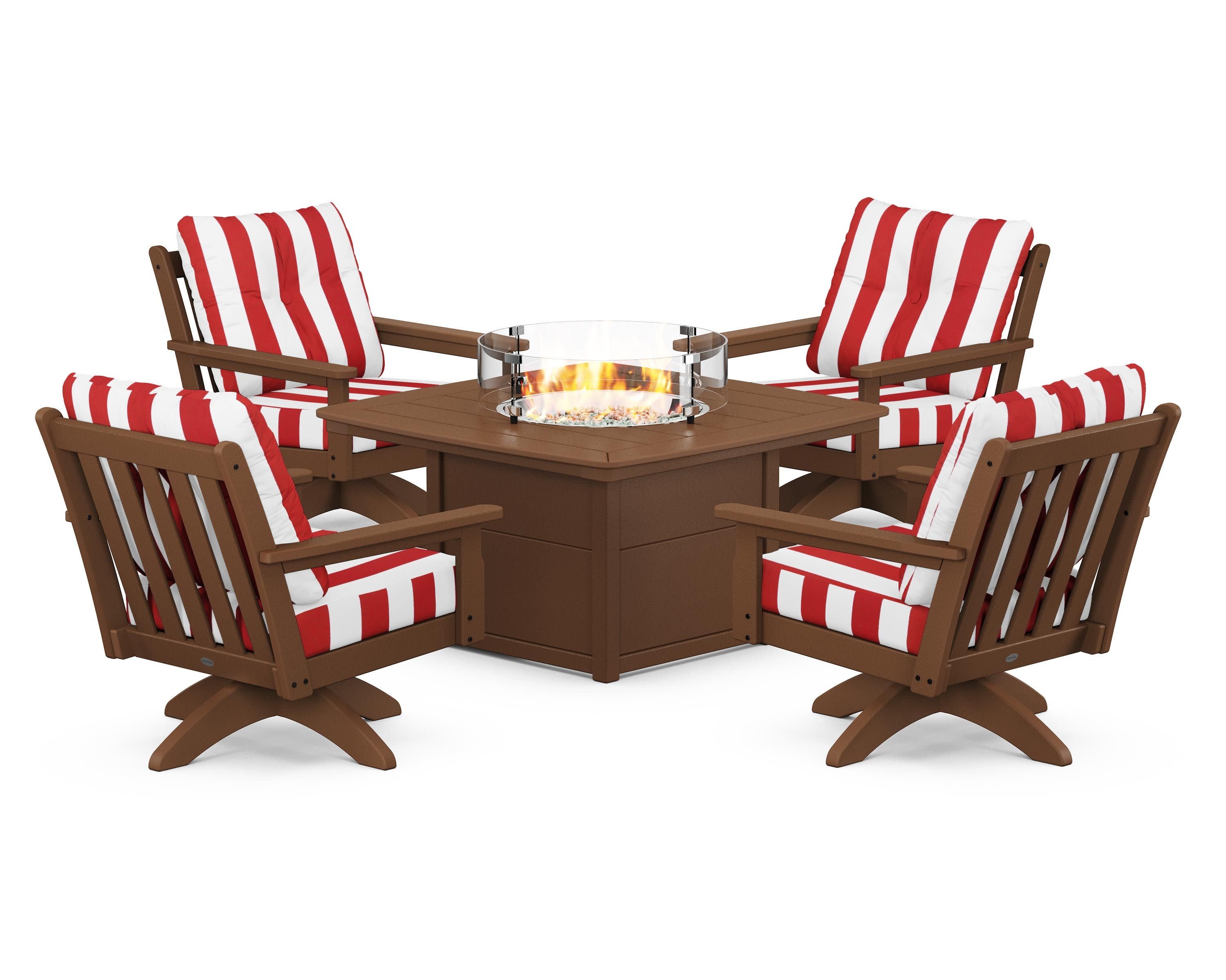 Vineyard 5-Piece Deep Seating Swivel Conversation Set with Fire Pit Table in Teak / Cabana Stripe Crimson