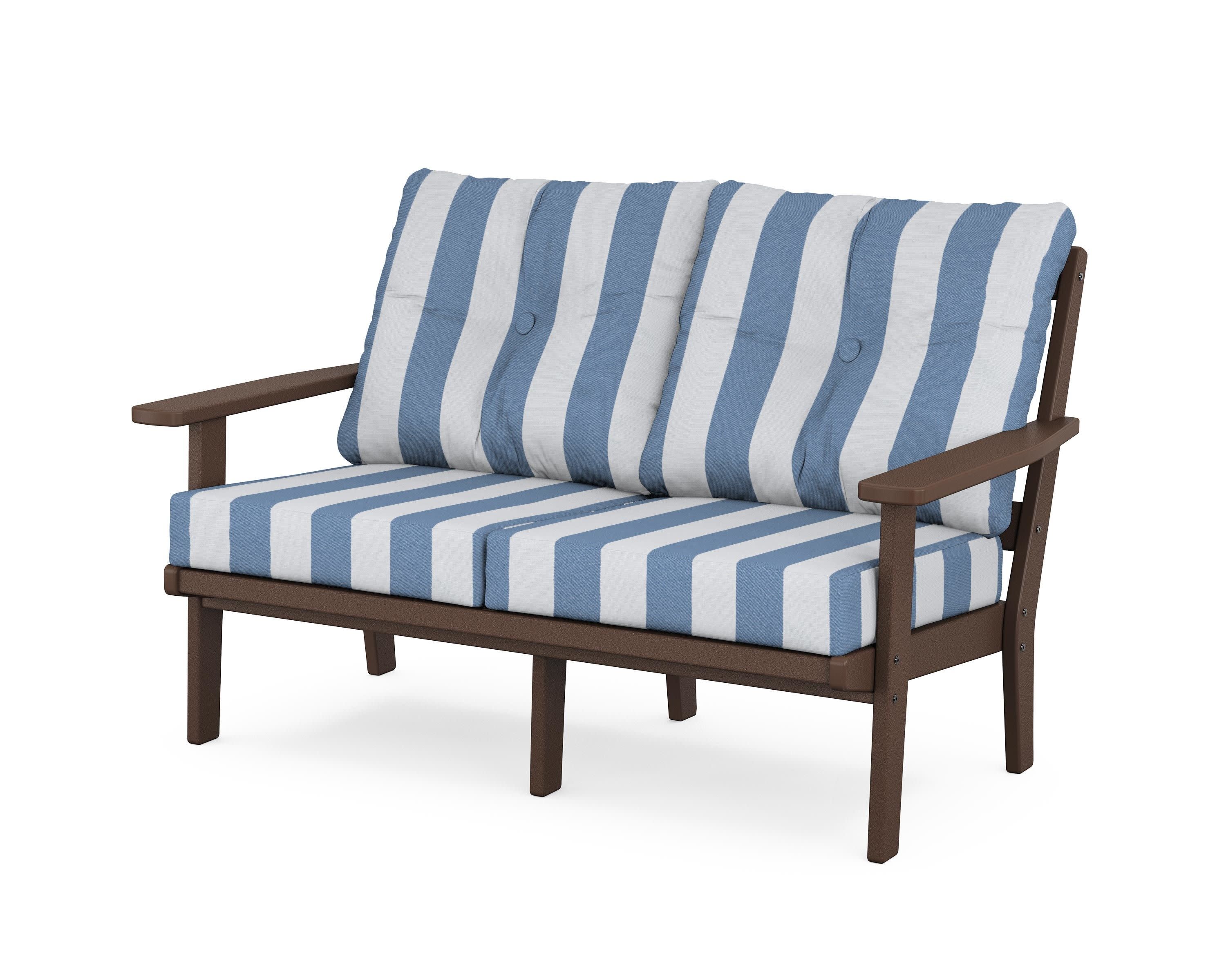 Oxford Deep SeatingLoveseat in Mahogany / Cabana Stripe Sky Blue