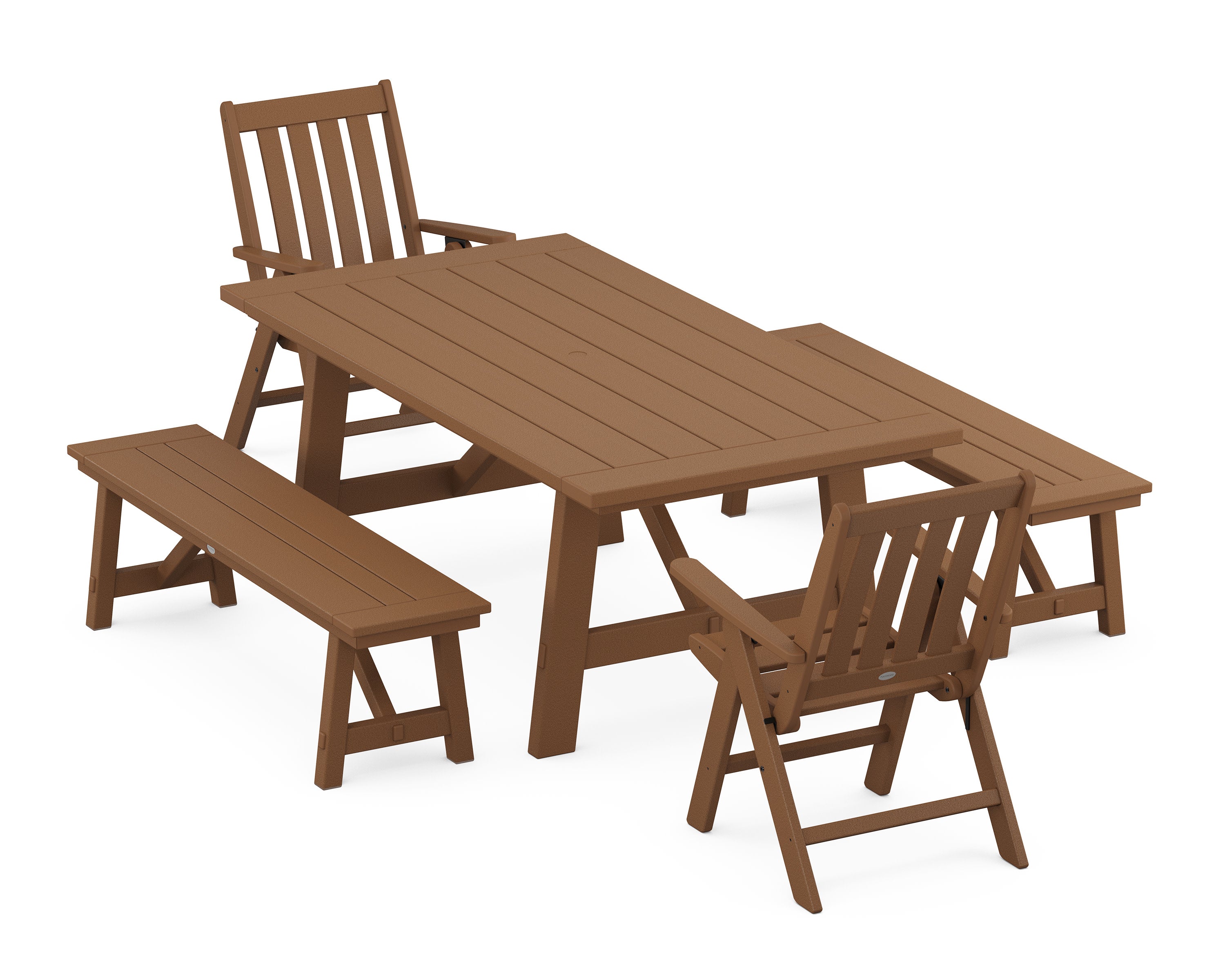 Vineyard Folding Chair 5-Piece Rustic Farmhouse Dining Set With Benches in Teak