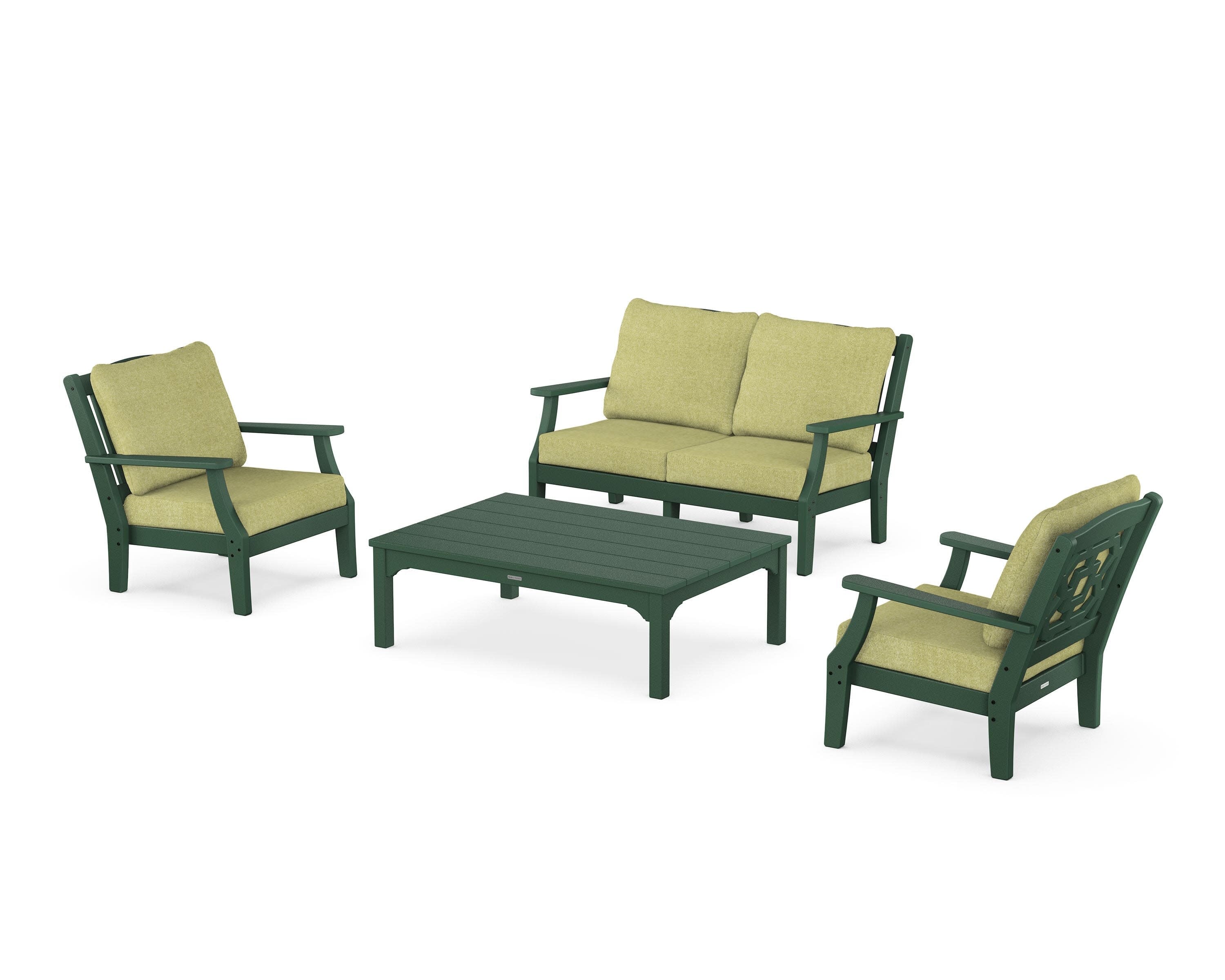 Chinoiserie 4-Piece Deep Seating Set with Loveseat in Green / Chartreuse Boucle