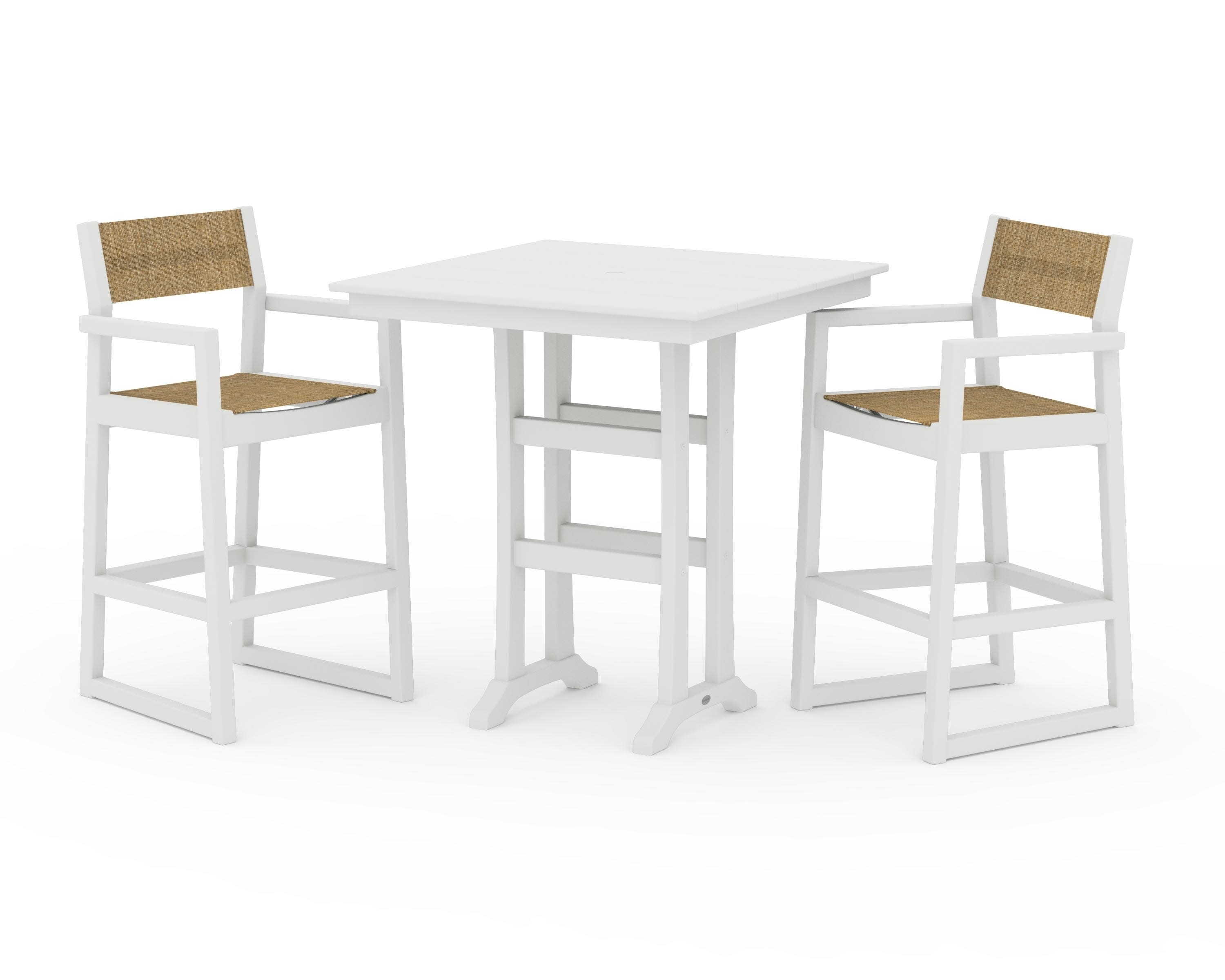 EDGE Sling Arm Chair 3-Piece Farmhouse Bar Set with Trestle Legs in Vintage White / Burlap Sling