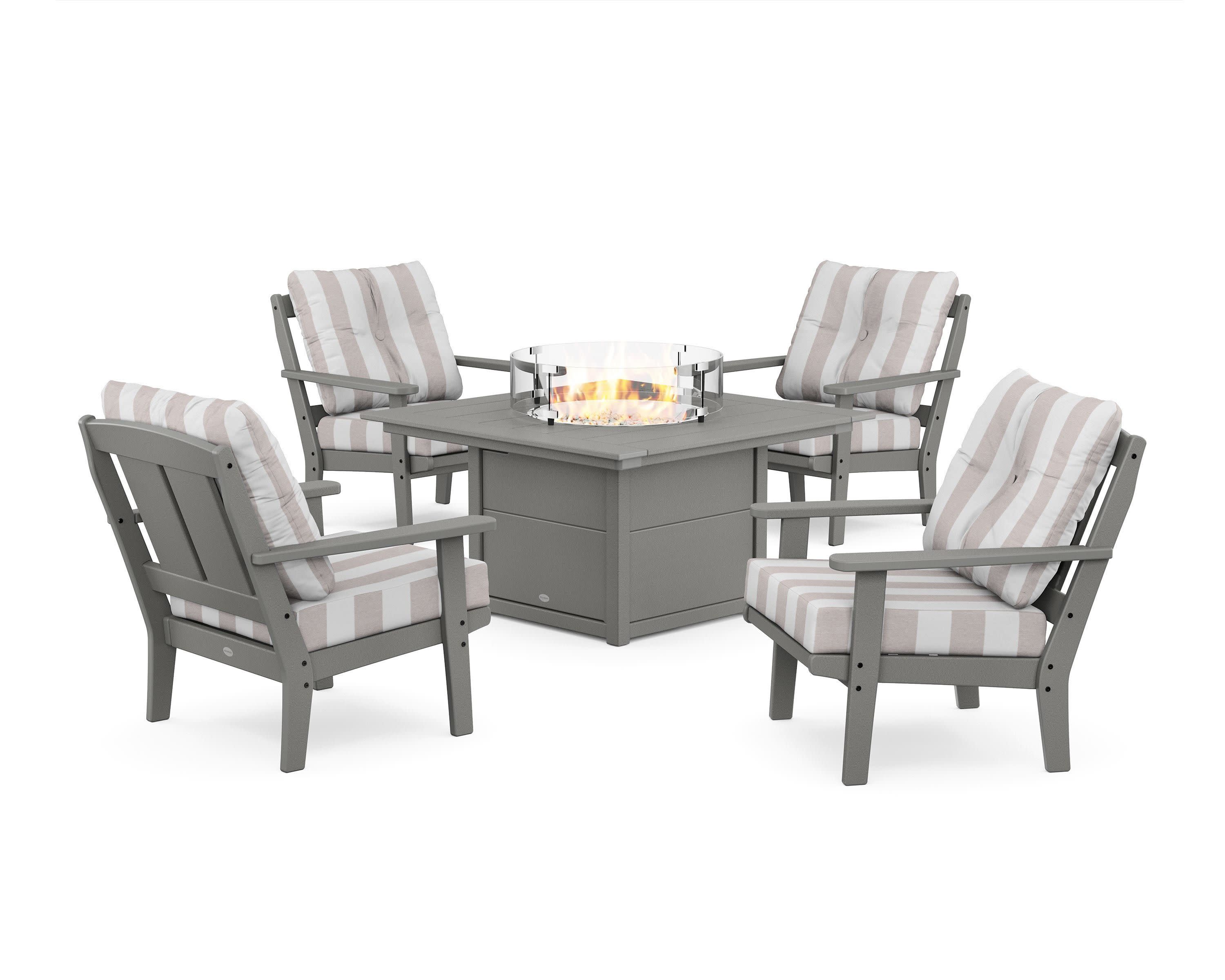Mission 5-Piece Deep Seating Set with Fire Pit Table in Slate Grey / Cabana Stripe Dune Burlap