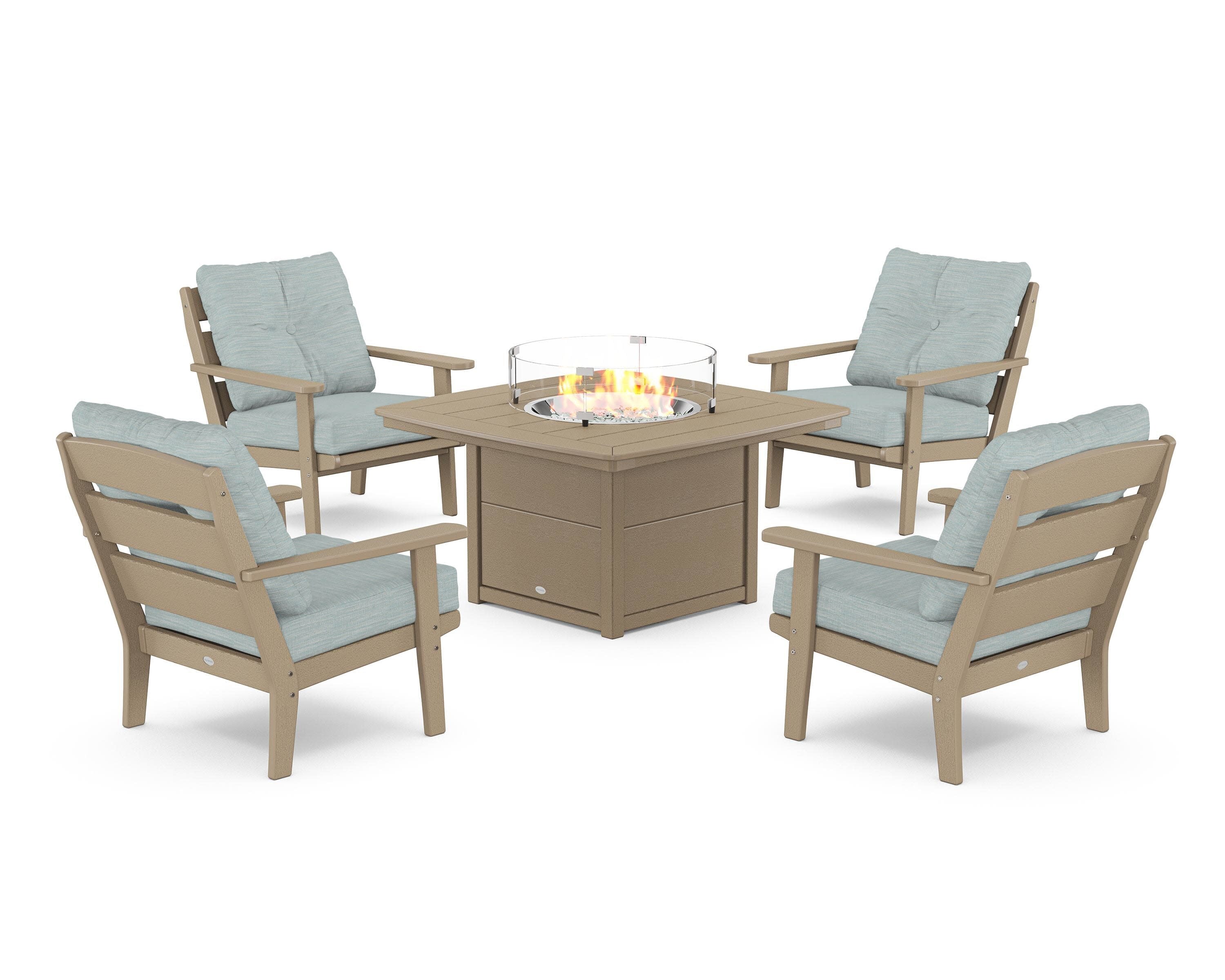 Lakeside 5-Piece Deep Seating Set with Nautical Fire Pit Table in Vintage Sahara / Soothe Mist