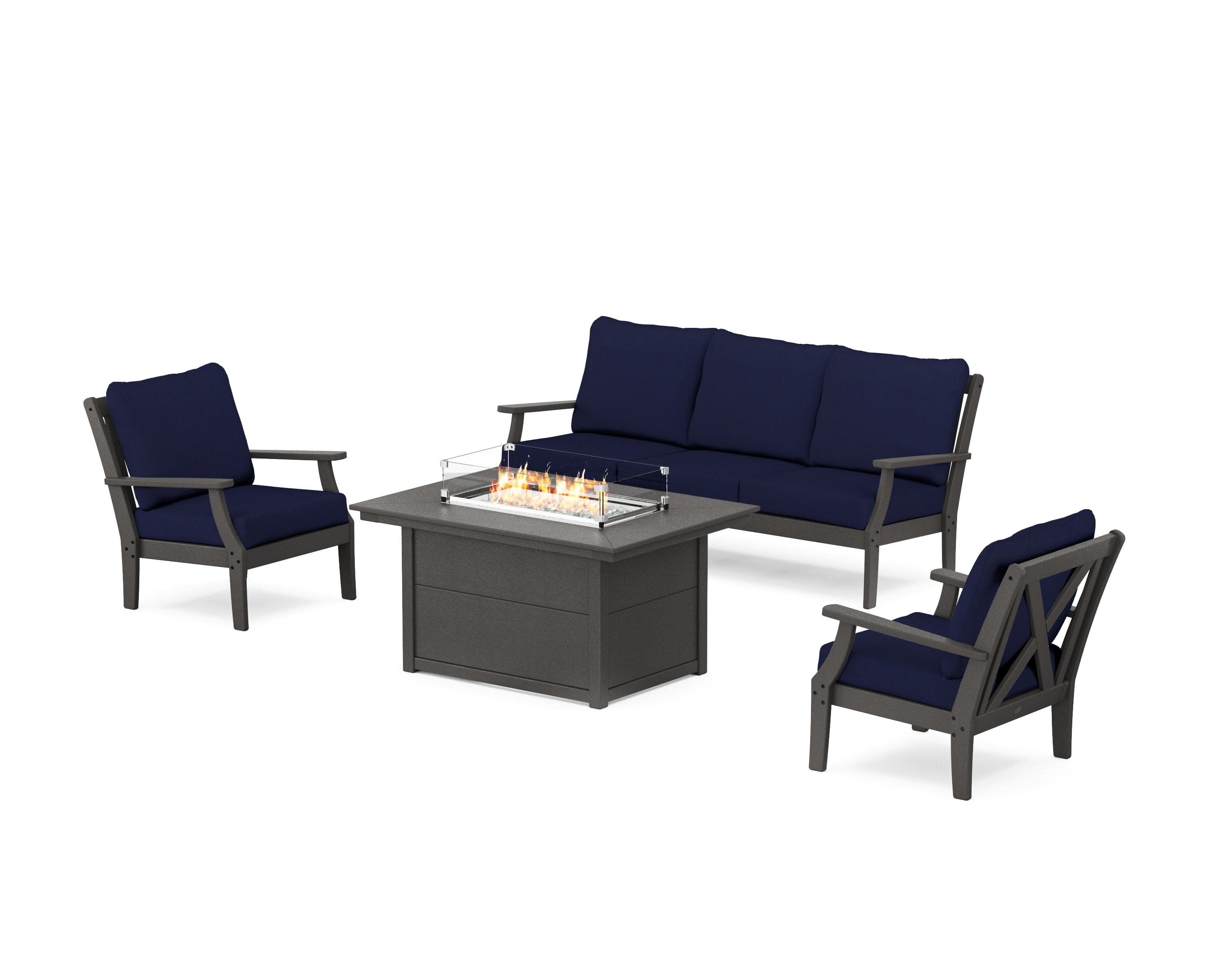 Braxton Deep Seating Fire Pit Table Set in Vintage Coffee / Navy