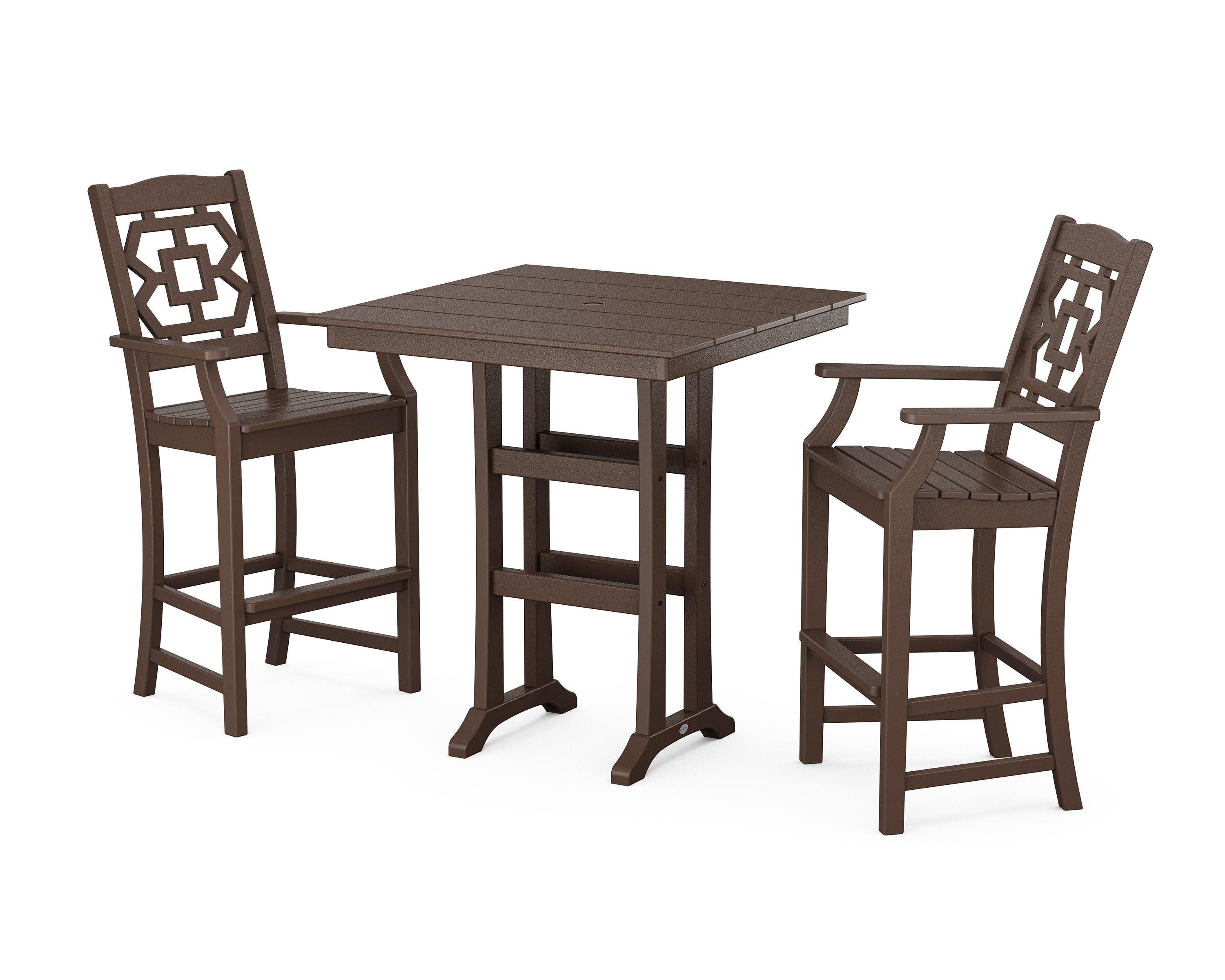 Chinoiserie 3-Piece Farmhouse Bar Set with Trestle Legs in Mahogany