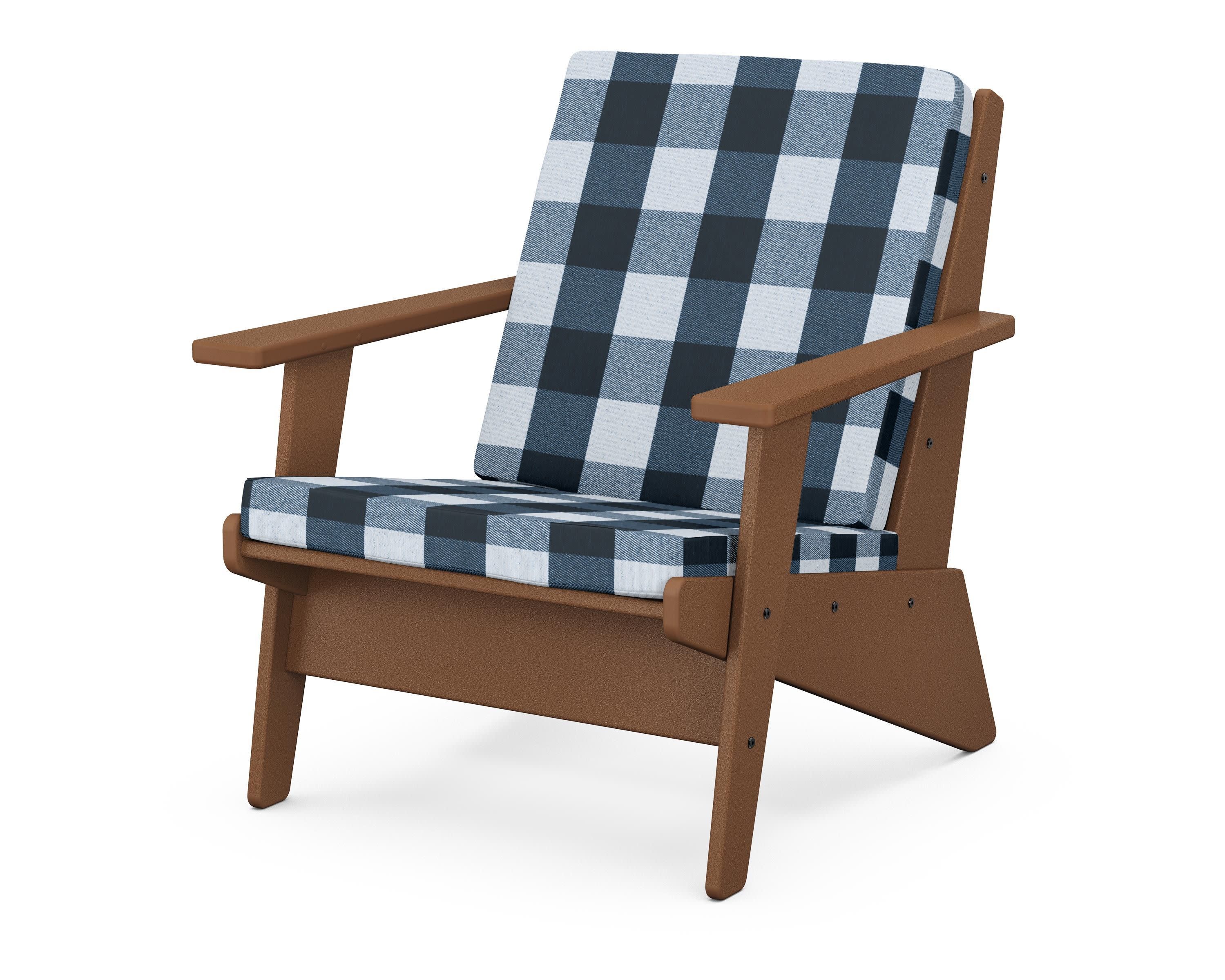 Riviera Modern Lounge Chair in Teak / Buffalo Plaid Marine Indigo
