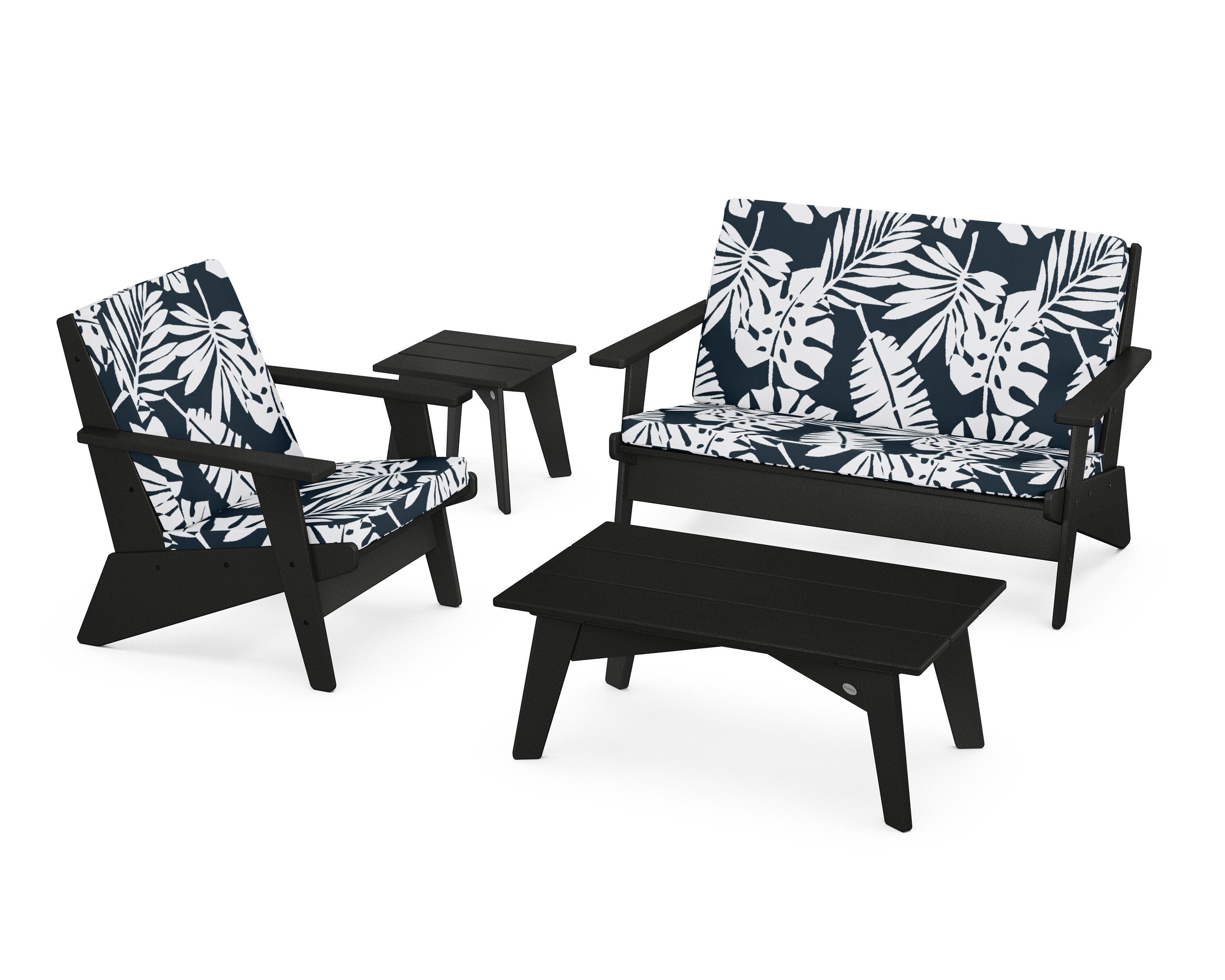 Riviera Modern Lounge 4-Piece Set in Black / Leaf Marine Indigo