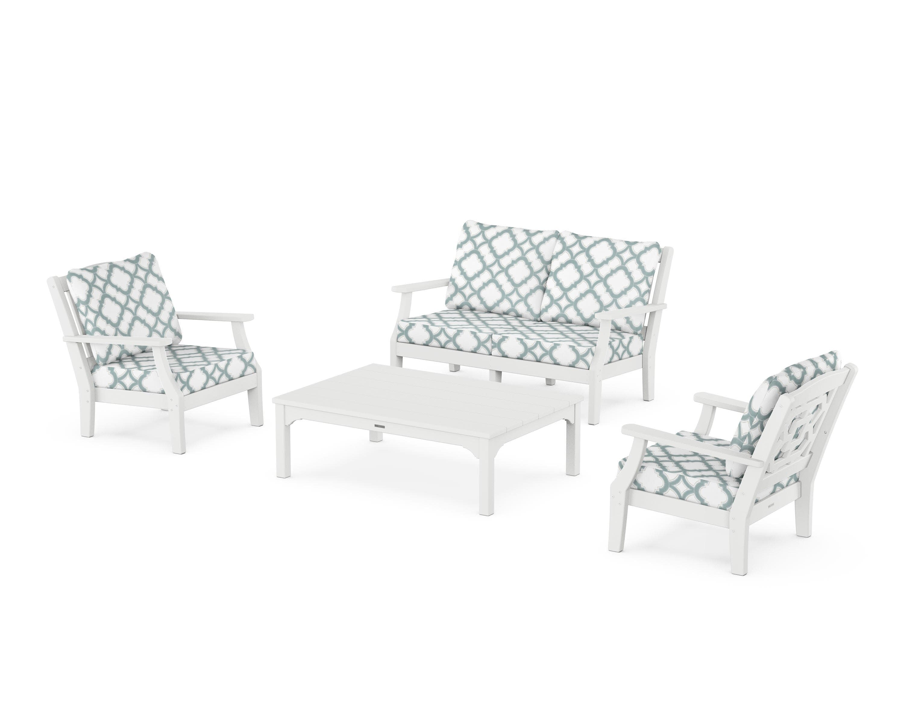 Chinoiserie 4-Piece Deep Seating Set with Loveseat in White / Trellis Glacier Spa