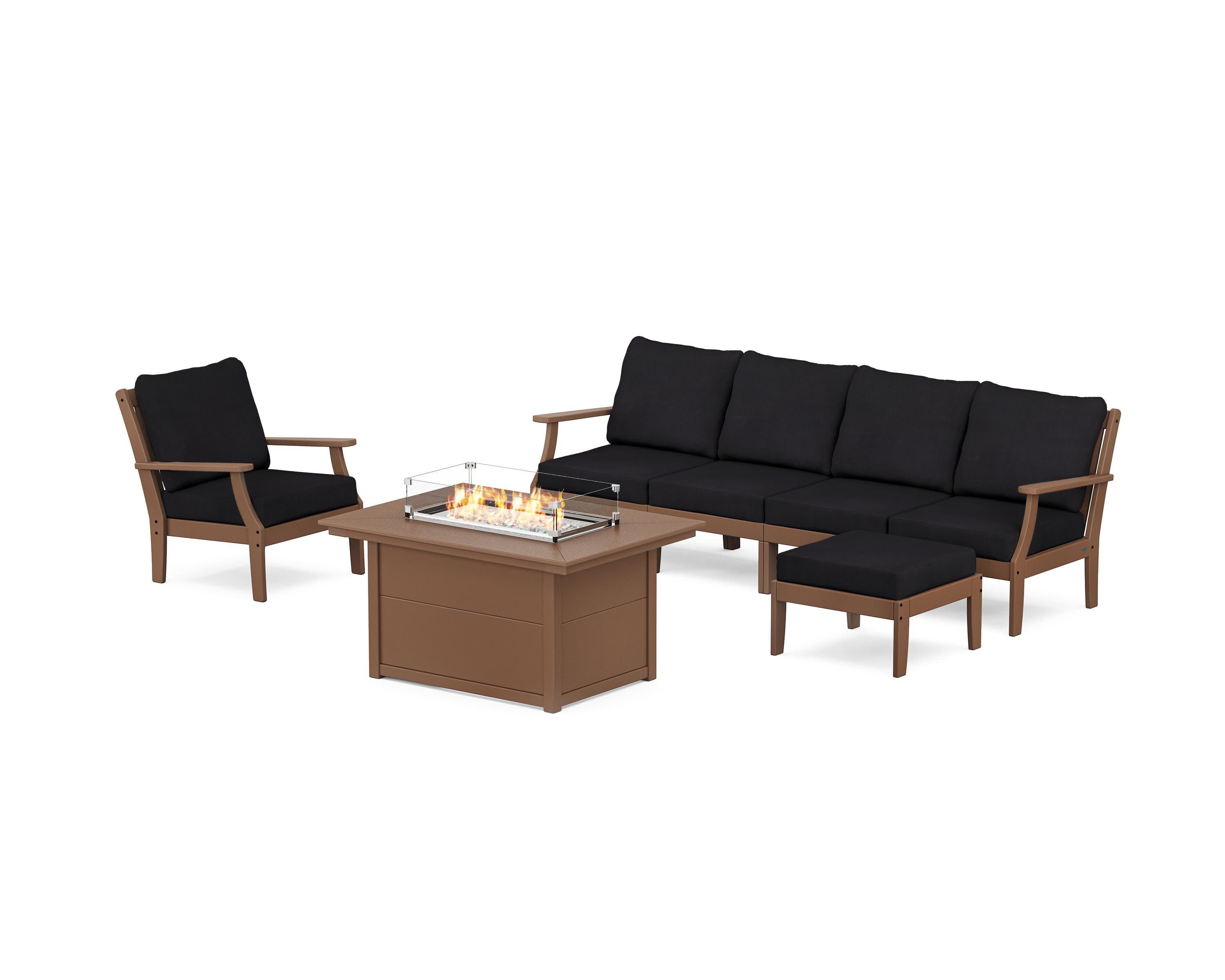 Braxton Sectional Lounge and Fire Pit Set in Teak / Midnight Linen