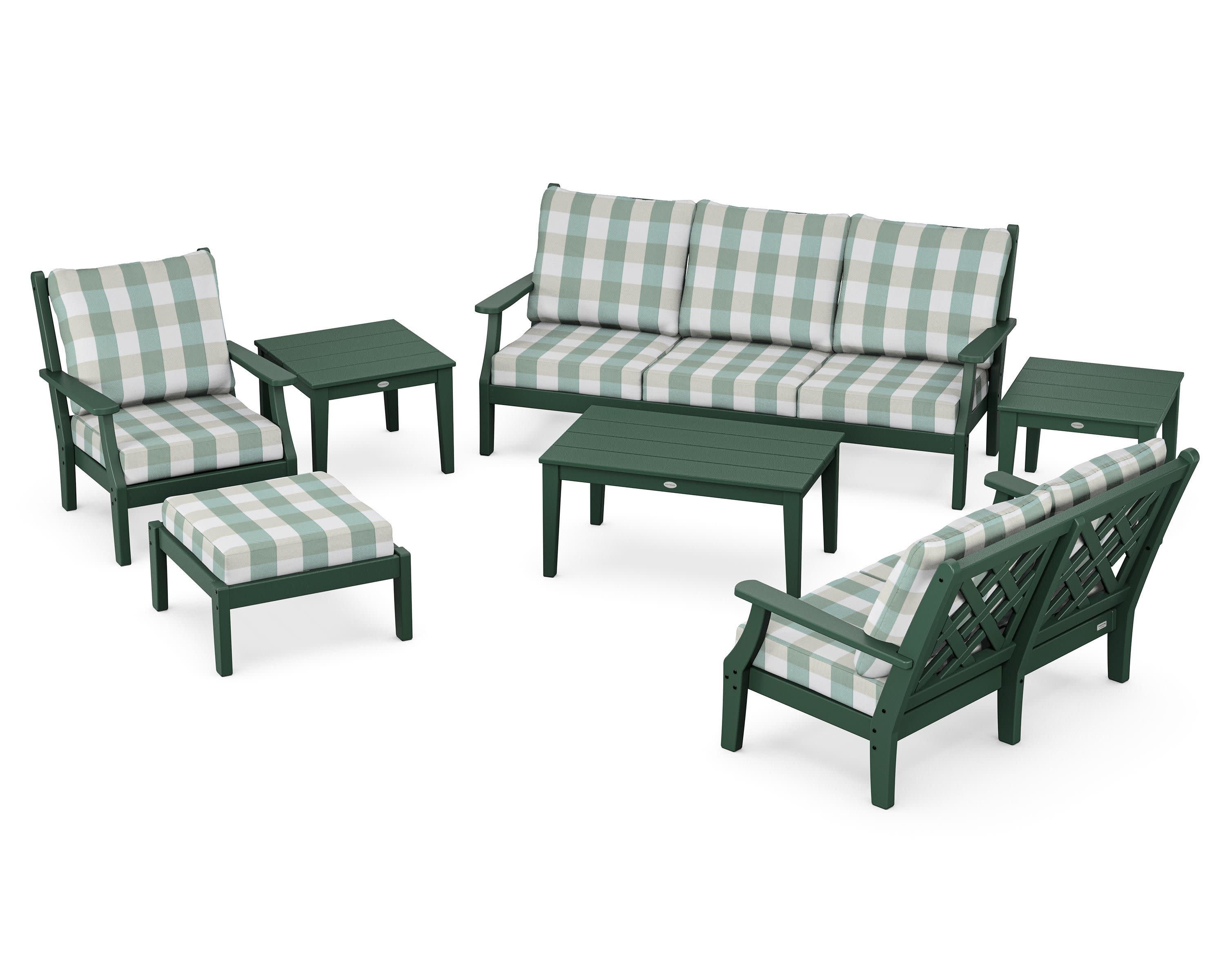 Wovendale 7-Piece Deep Seating Set in Green / Buffalo Plaid Glacier Spa