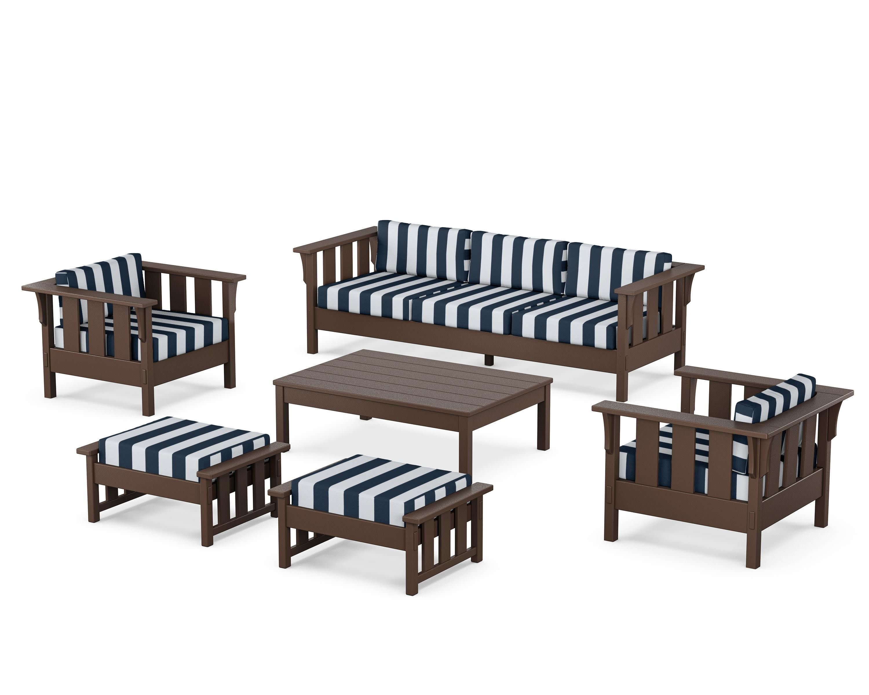 Acadia 6-Piece Lounge Sofa Set in Mahogany / Cabana Stripe Marine Indigo
