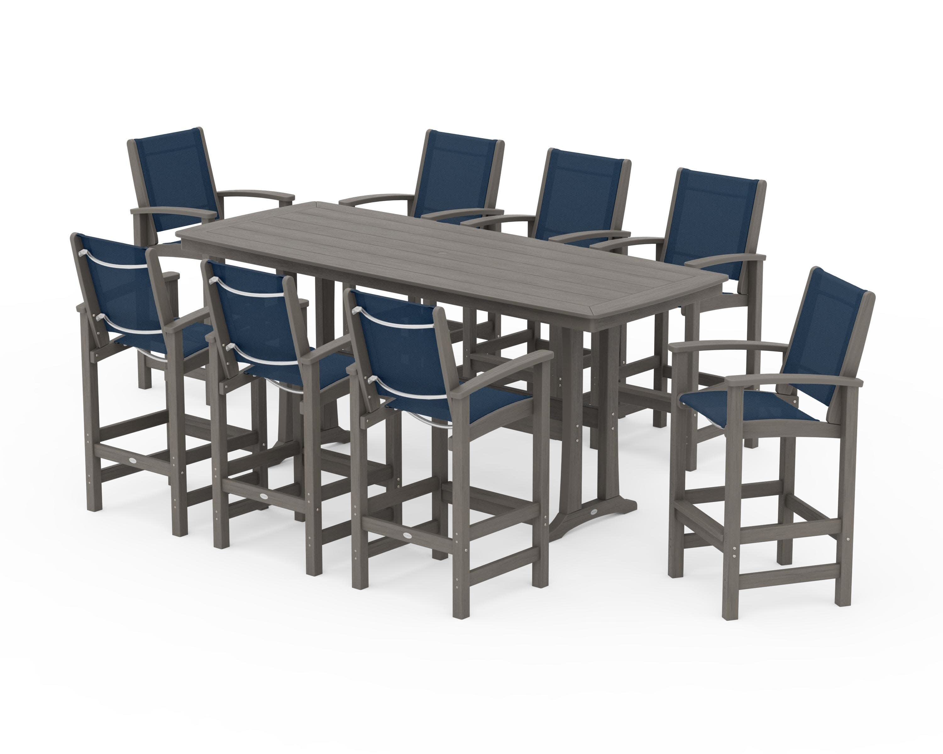 Coastal 9-Piece Bar Set with Trestle Legs in Driftwood / Navy Blue Sling