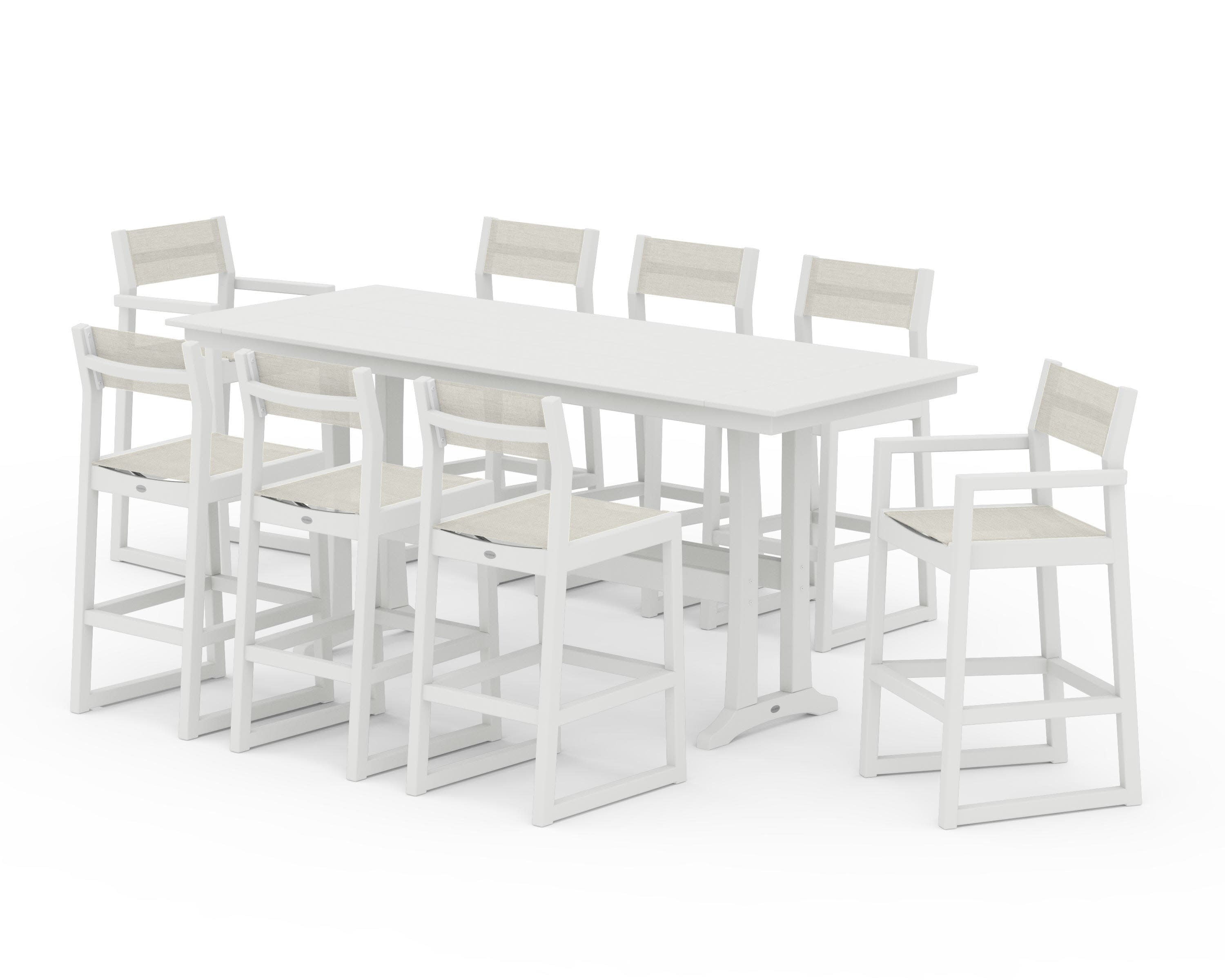 EDGE Sling 9-Piece Farmhouse Bar Set with Trestle Legs in Vintage White / Parchment Sling