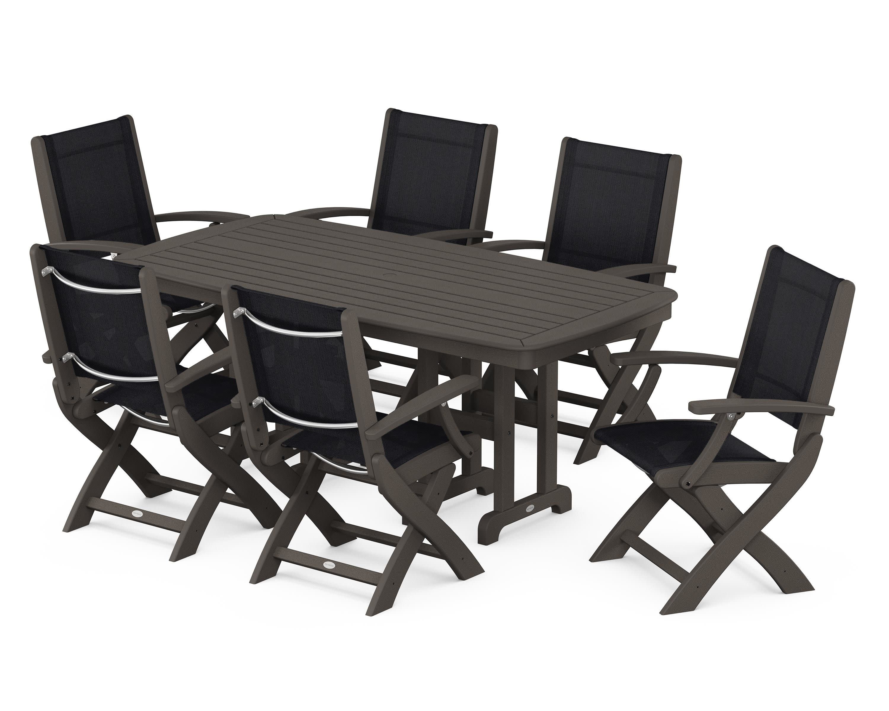 Coastal Folding Arm Chair 7-Piece Dining Set in Vintage Coffee / Black Sling