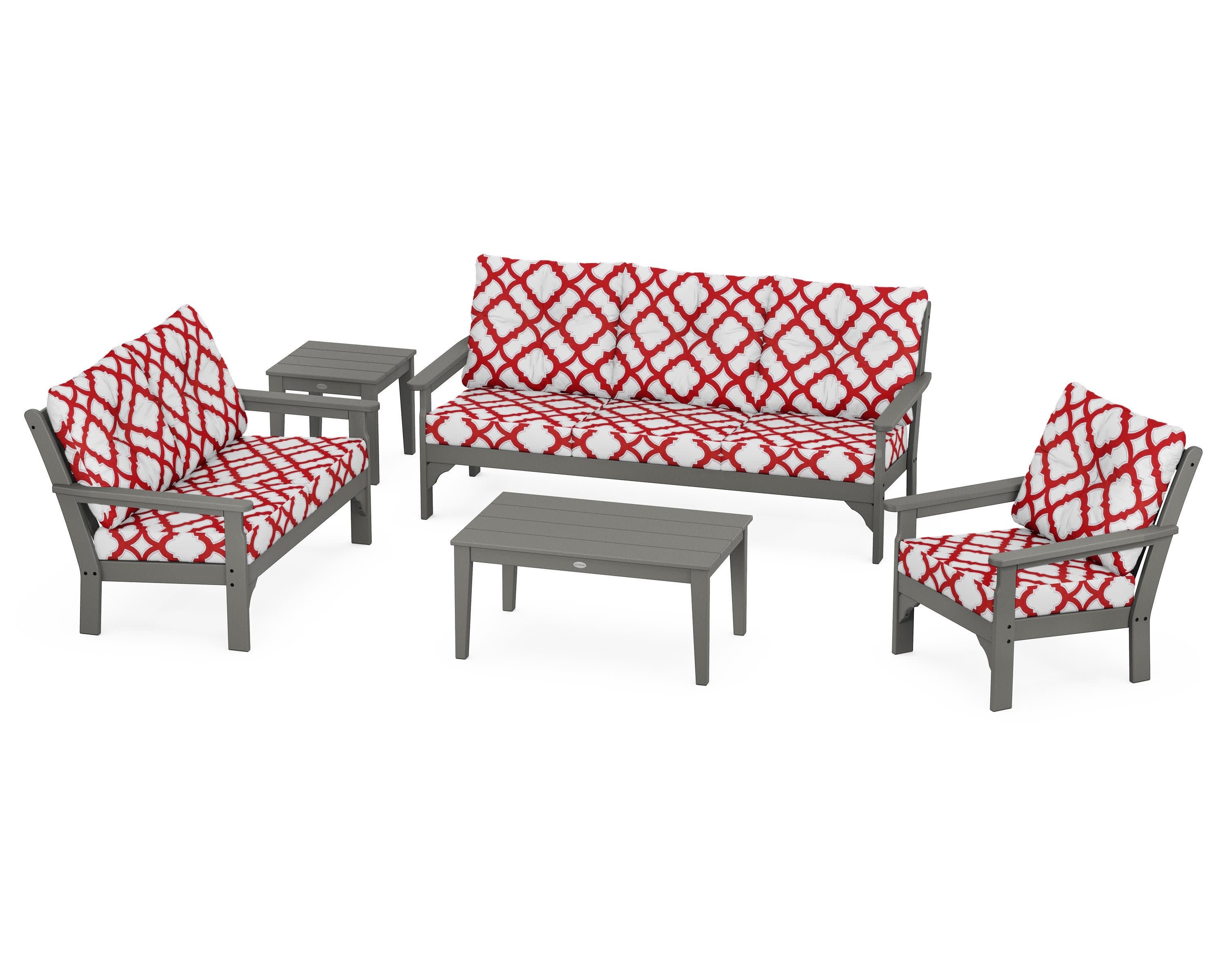 Vineyard 5 Piece Deep Seating Set in Slate Grey / Trellis Crimson