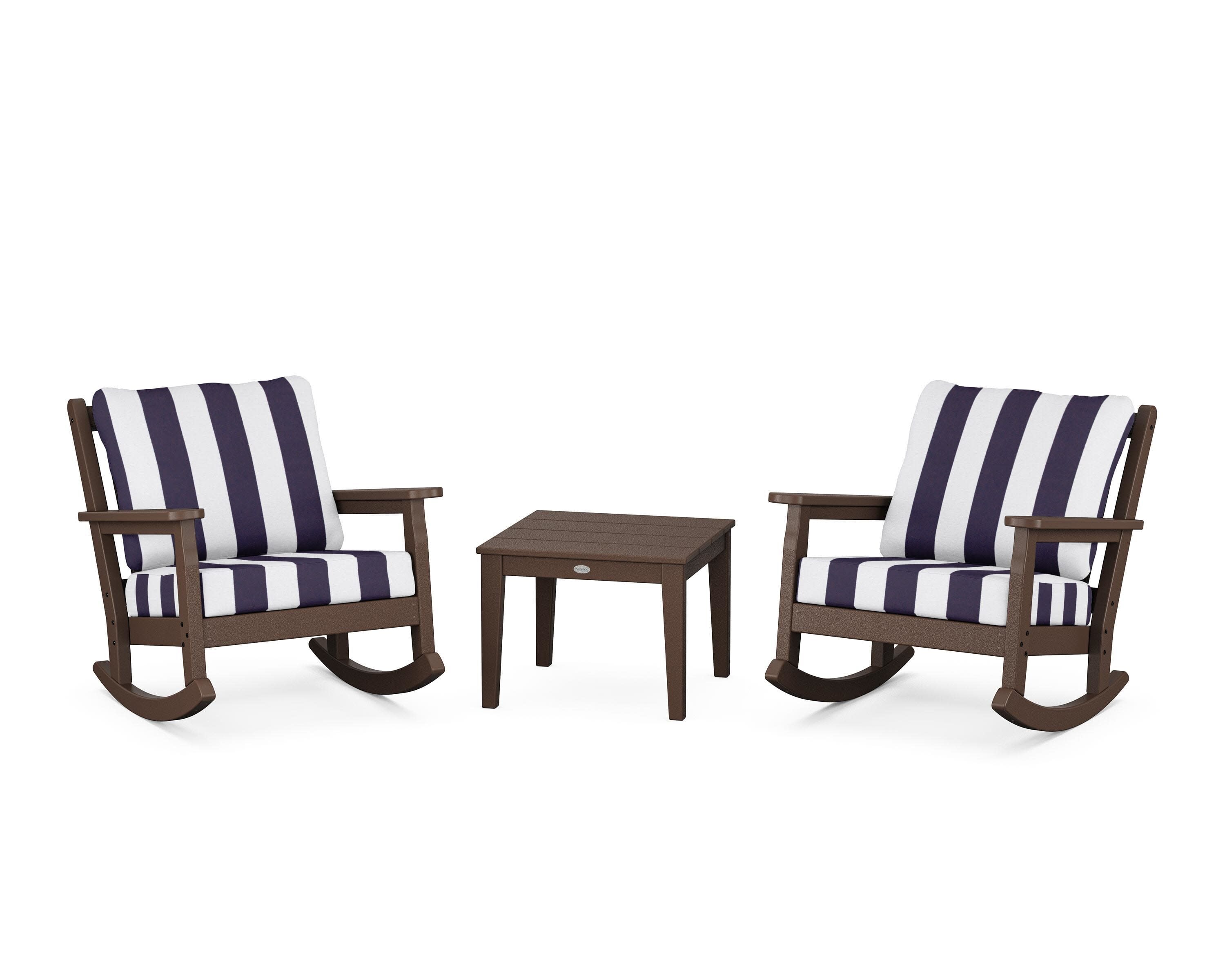 Chippendale 3-Piece Deep Seating Rocker Set in Mahogany / Cabana Stripe Navy