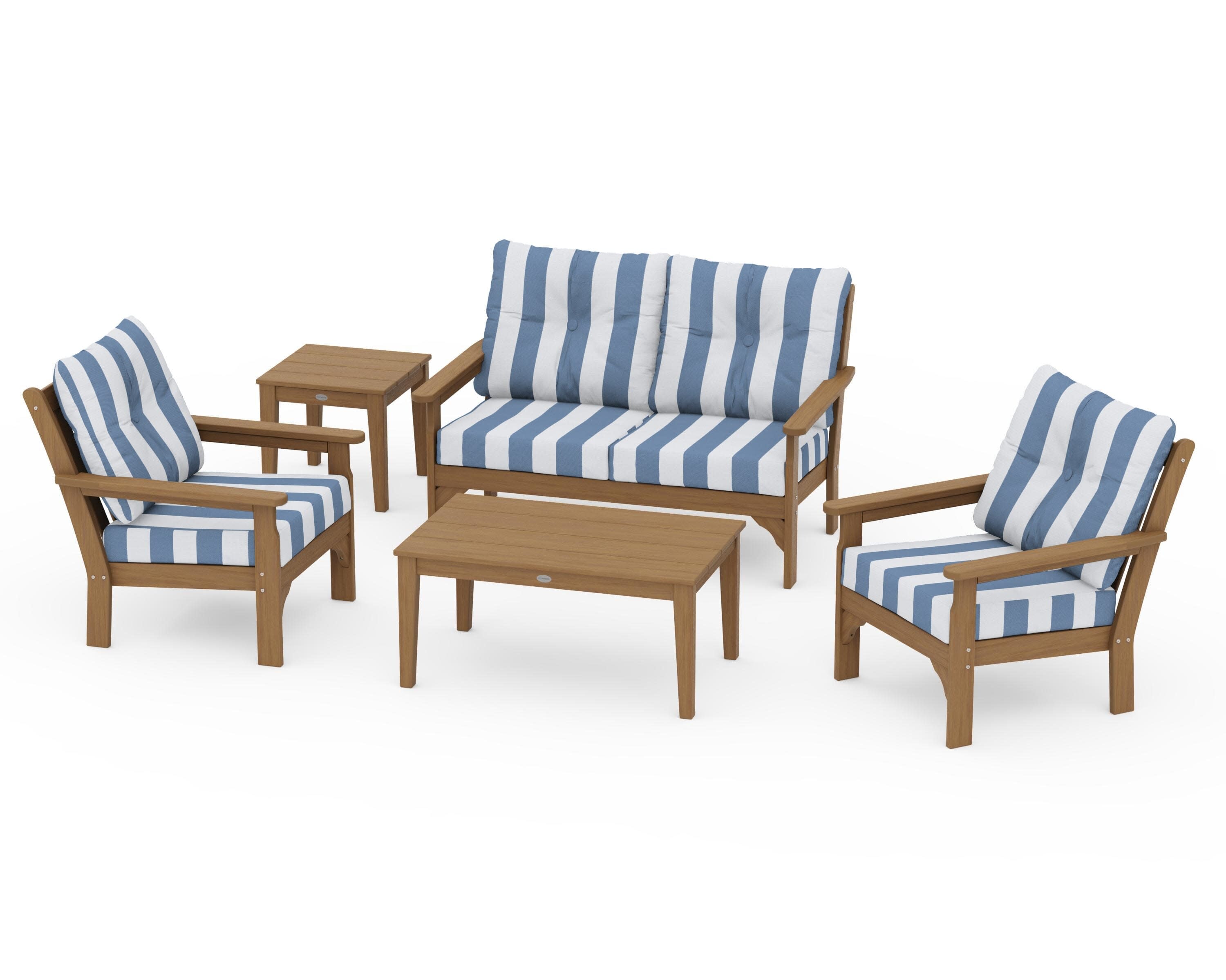 Vineyard 5-Piece Deep Seating Set in Natural / Cabana Stripe Sky Blue