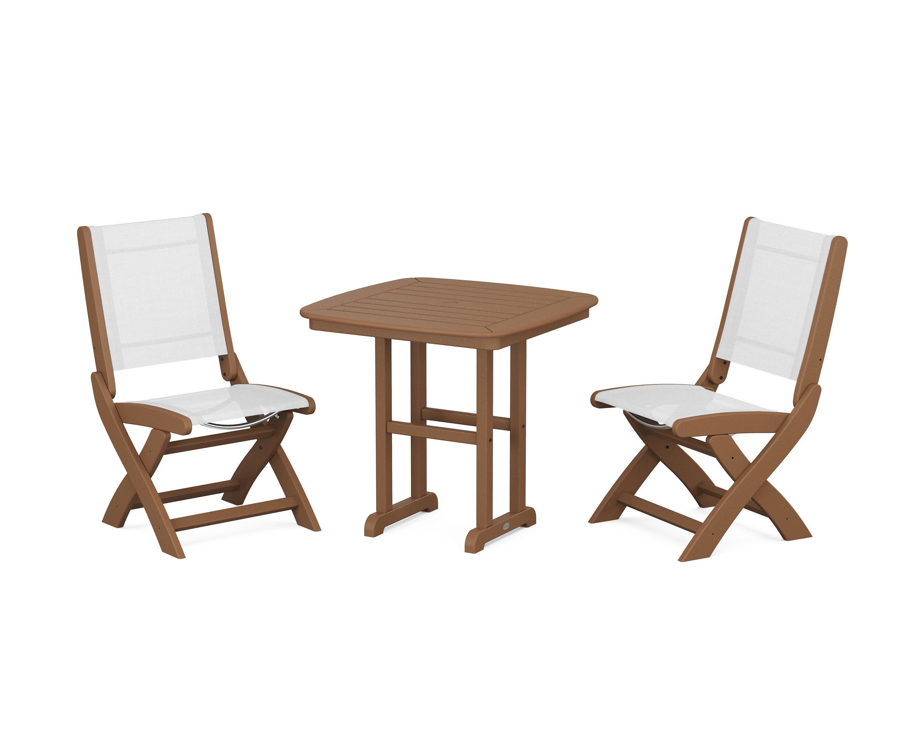 Coastal Folding Side Chair 3-Piece Dining Set in Teak / White Sling
