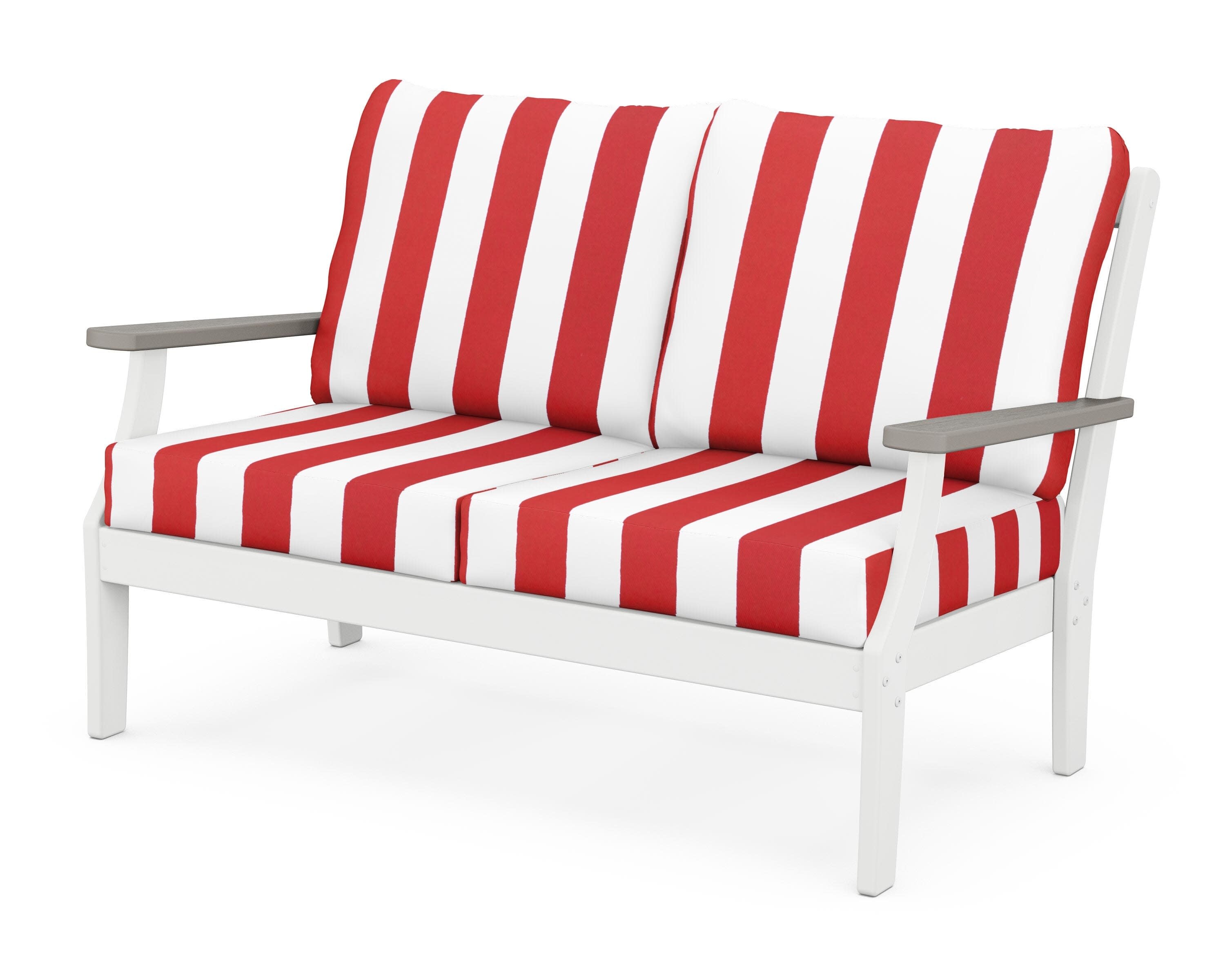 Braxton Deep Seating Loveseat in White / Driftwood / Cabana Stripe Crimson