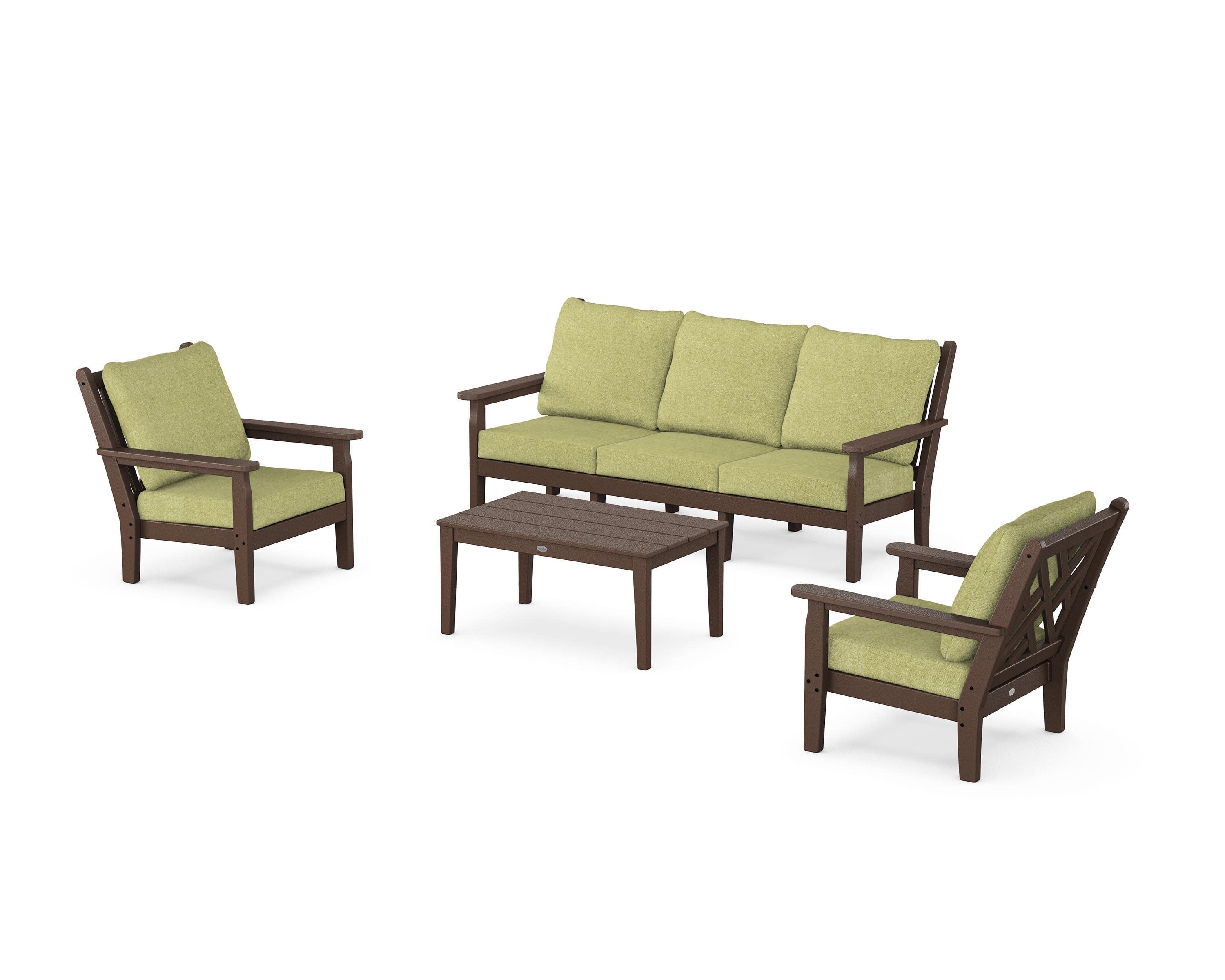 Chippendale 4-Piece Deep Seating Set with Sofa in Mahogany / Chartreuse Boucle