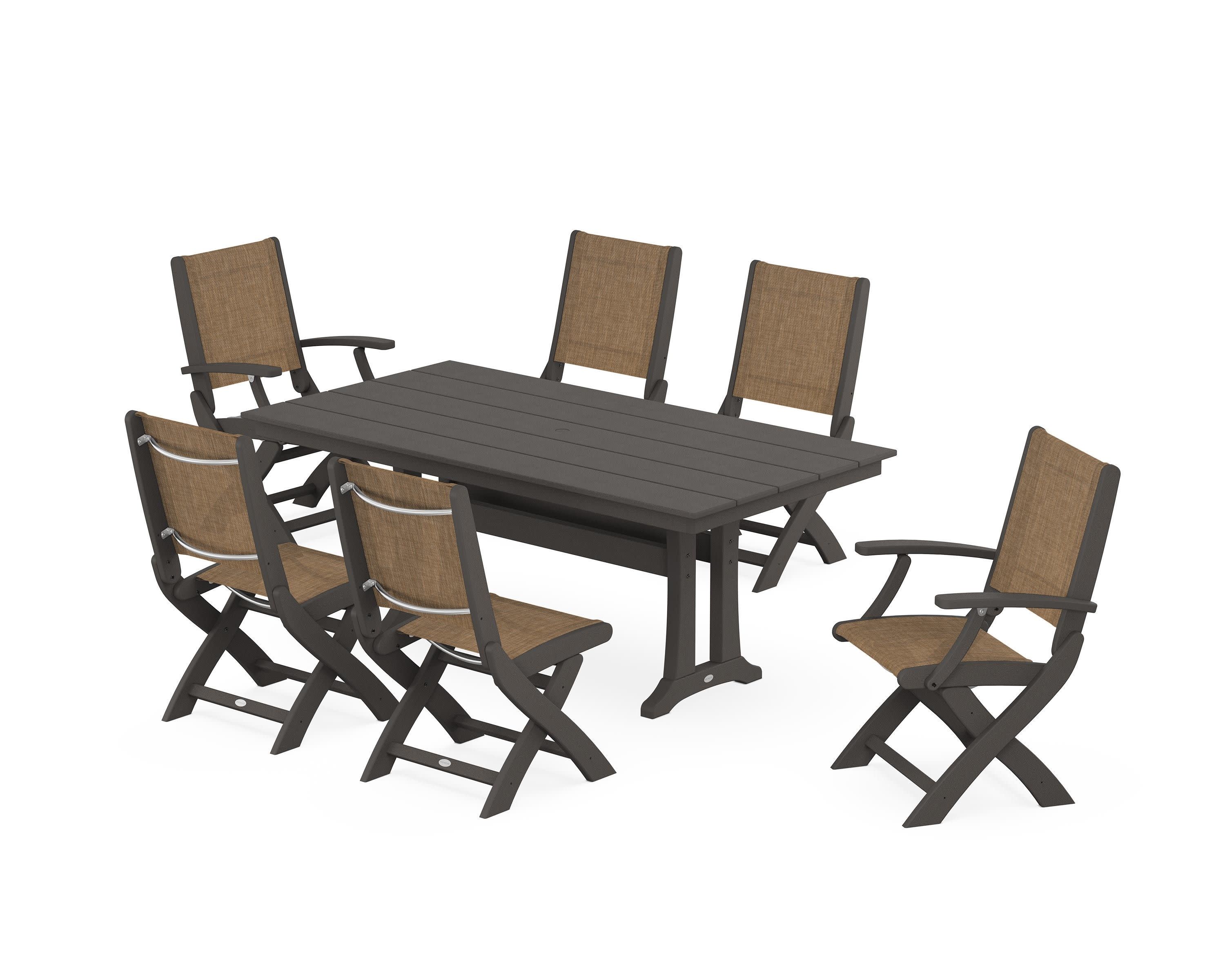 Coastal Folding Chair 7-Piece Farmhouse Dining Set with Trestle Legs in Vintage Coffee / Burlap Sling