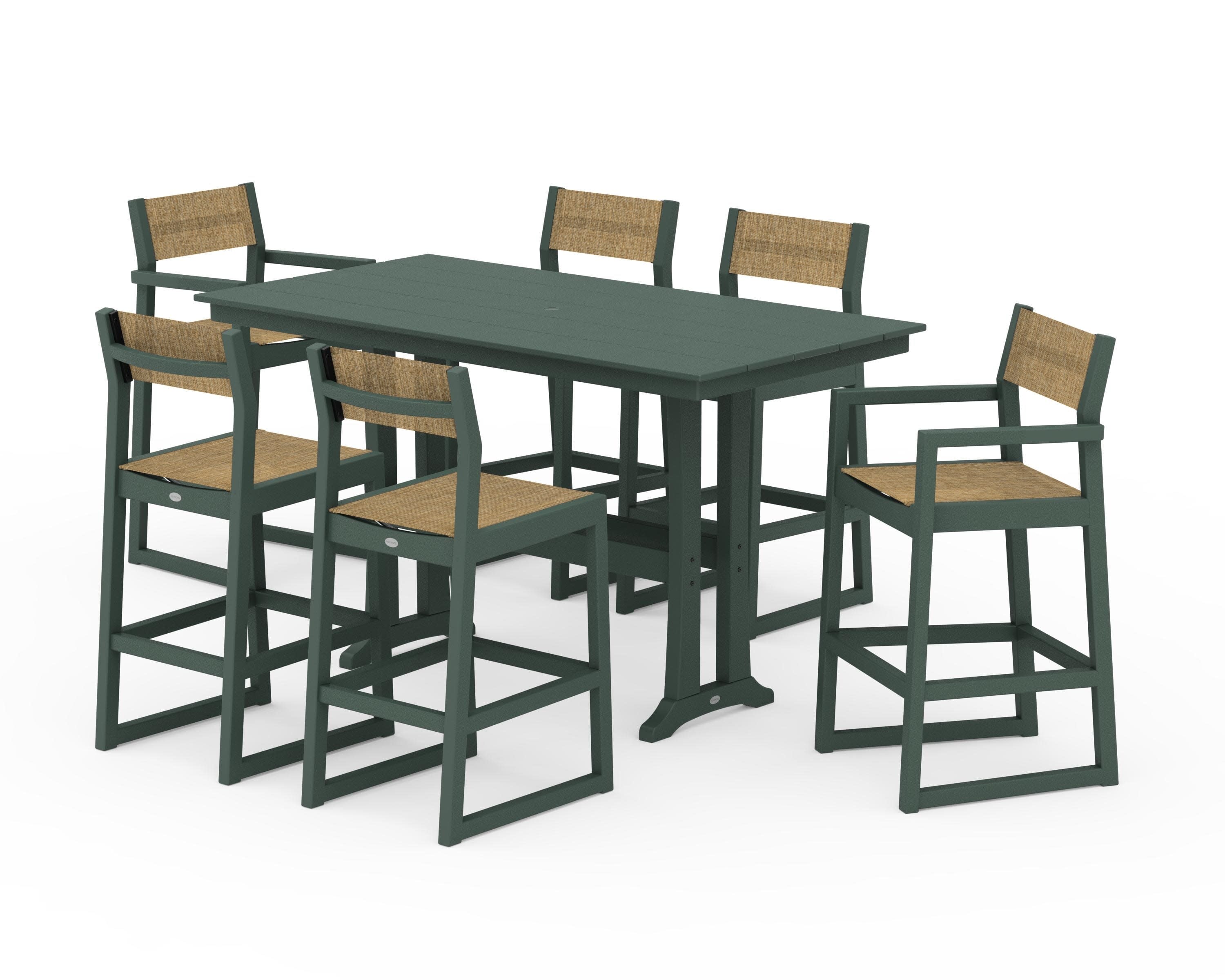 EDGE Sling 7-Piece Farmhouse Bar Set with Trestle Legs in Green / Burlap Sling