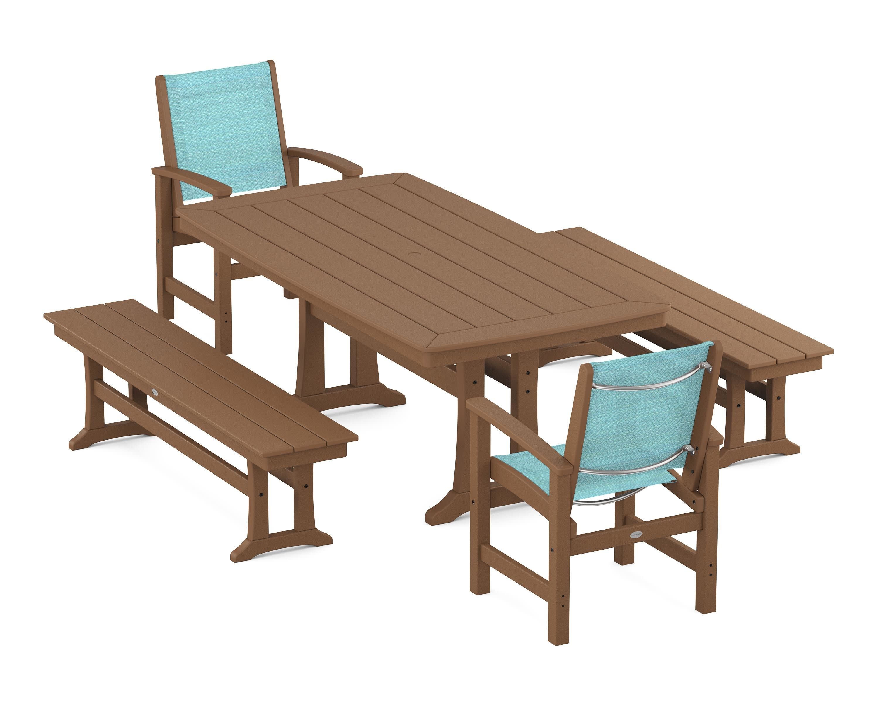 Coastal 5-Piece Dining Set with Trestle Legs and Benches in Teak / Dupioni Aquamarine Sling