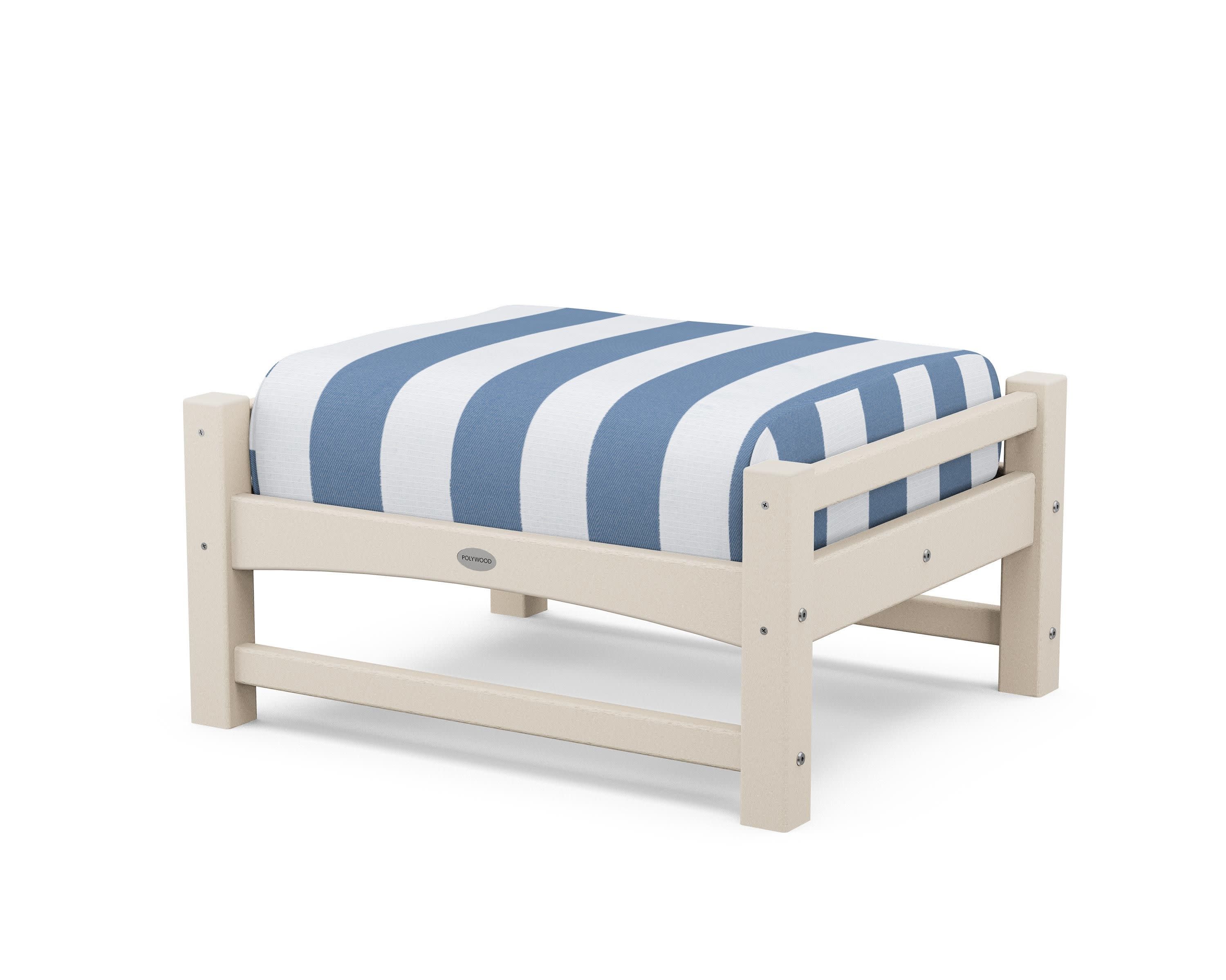 Club Ottoman in Sand / Cabana Stripe Sky Blue