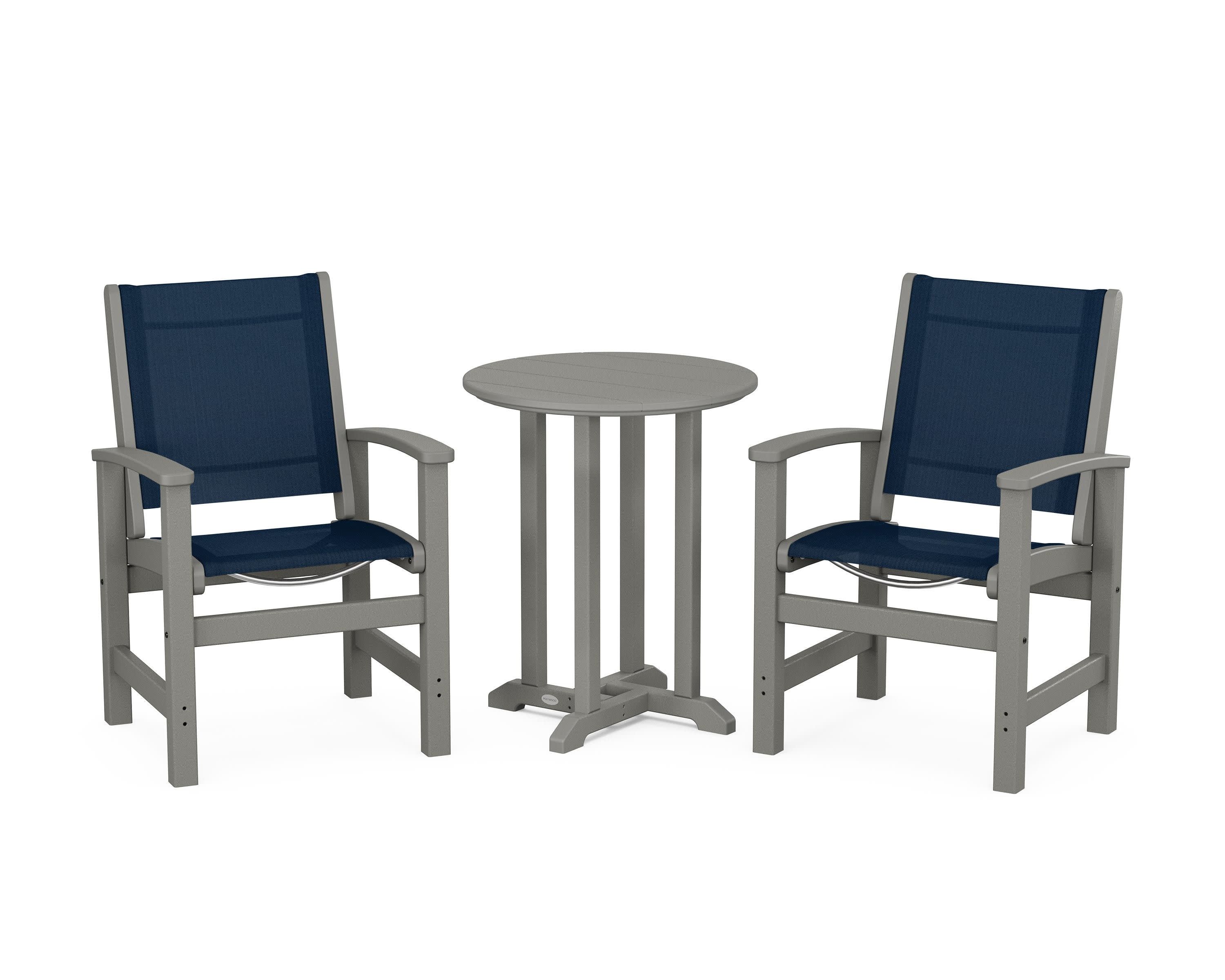 Coastal 3-Piece Round Bistro Dining Set in Slate Grey / Navy Blue Sling