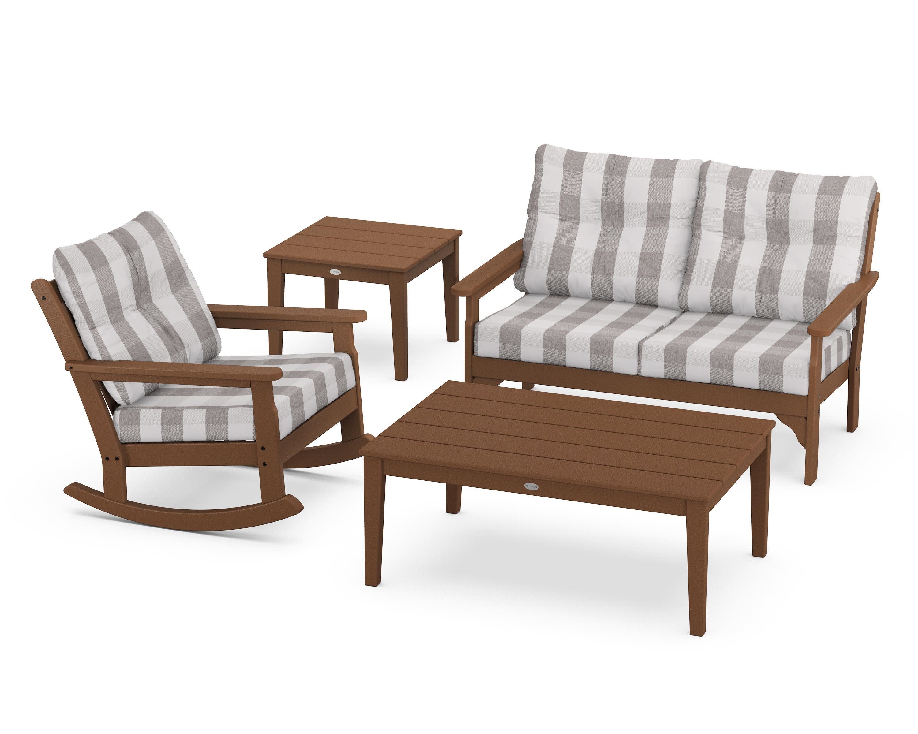 Vineyard 4-Piece Deep Seating Rocker Set in Teak / Buffalo Plaid Grey Mist
