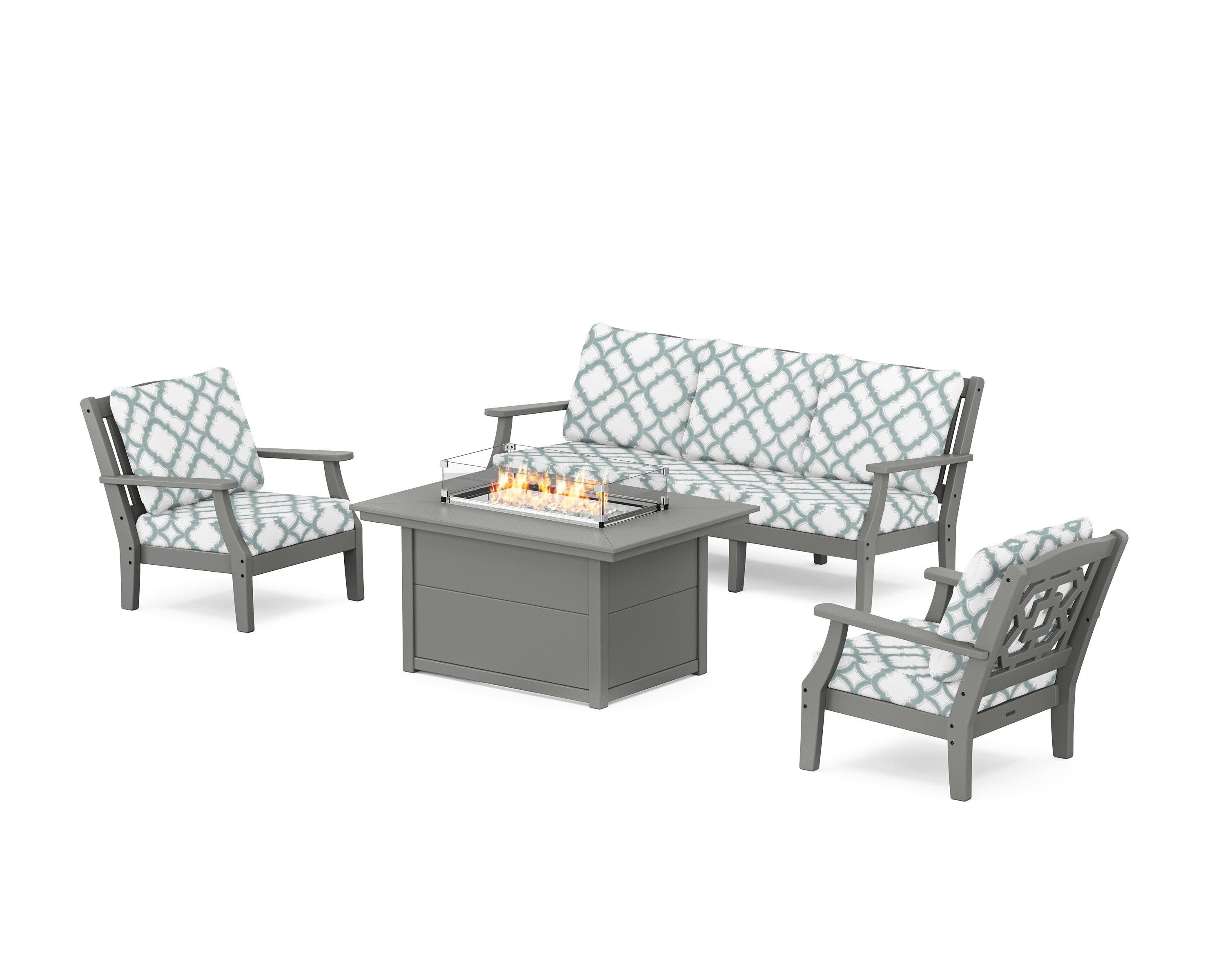 Chinoiserie Deep Seating Fire Pit Table Set in Slate Grey / Trellis Glacier Spa
