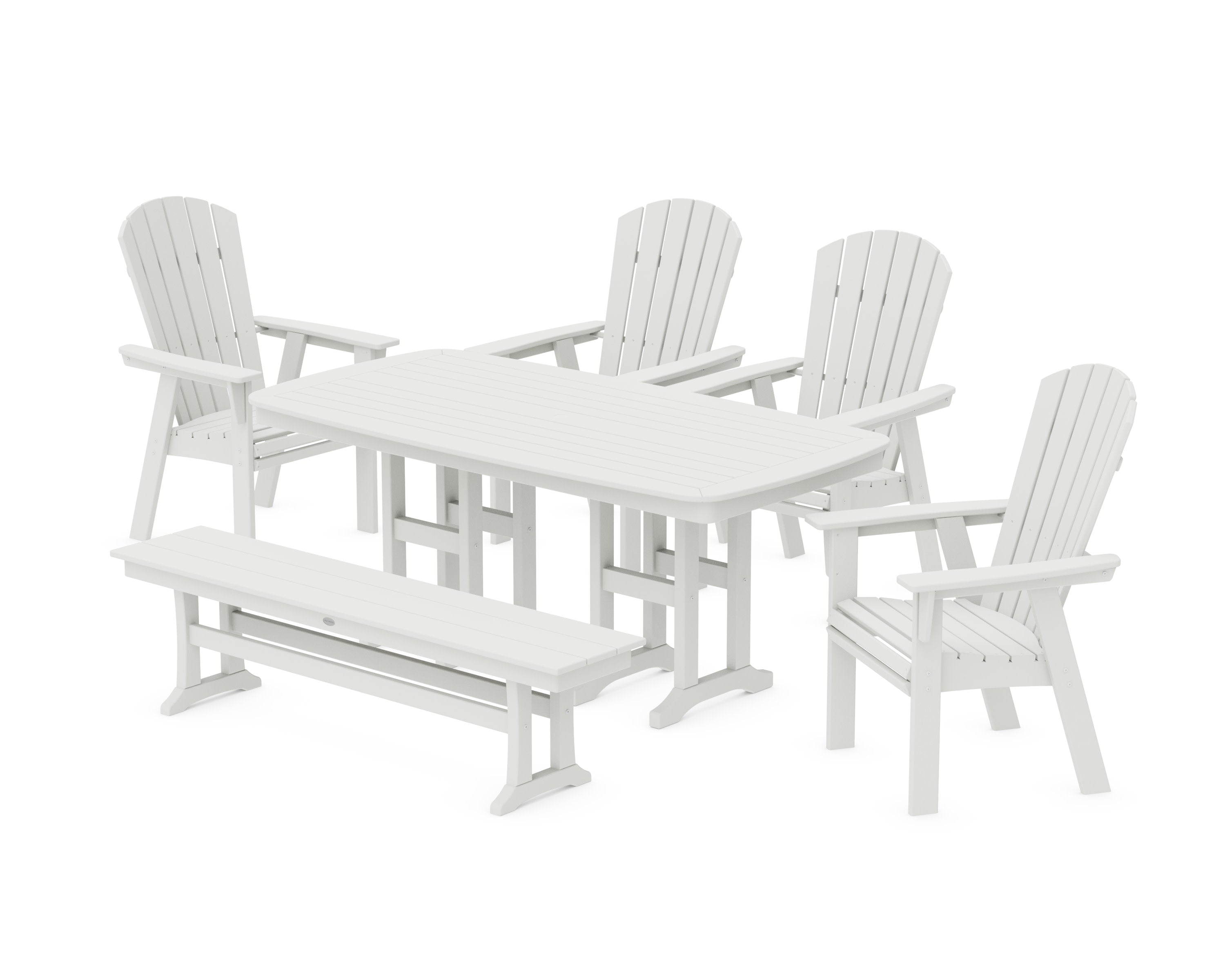 Nautical Curveback Adirondack 6-Piece Dining Set with Bench in Vintage White