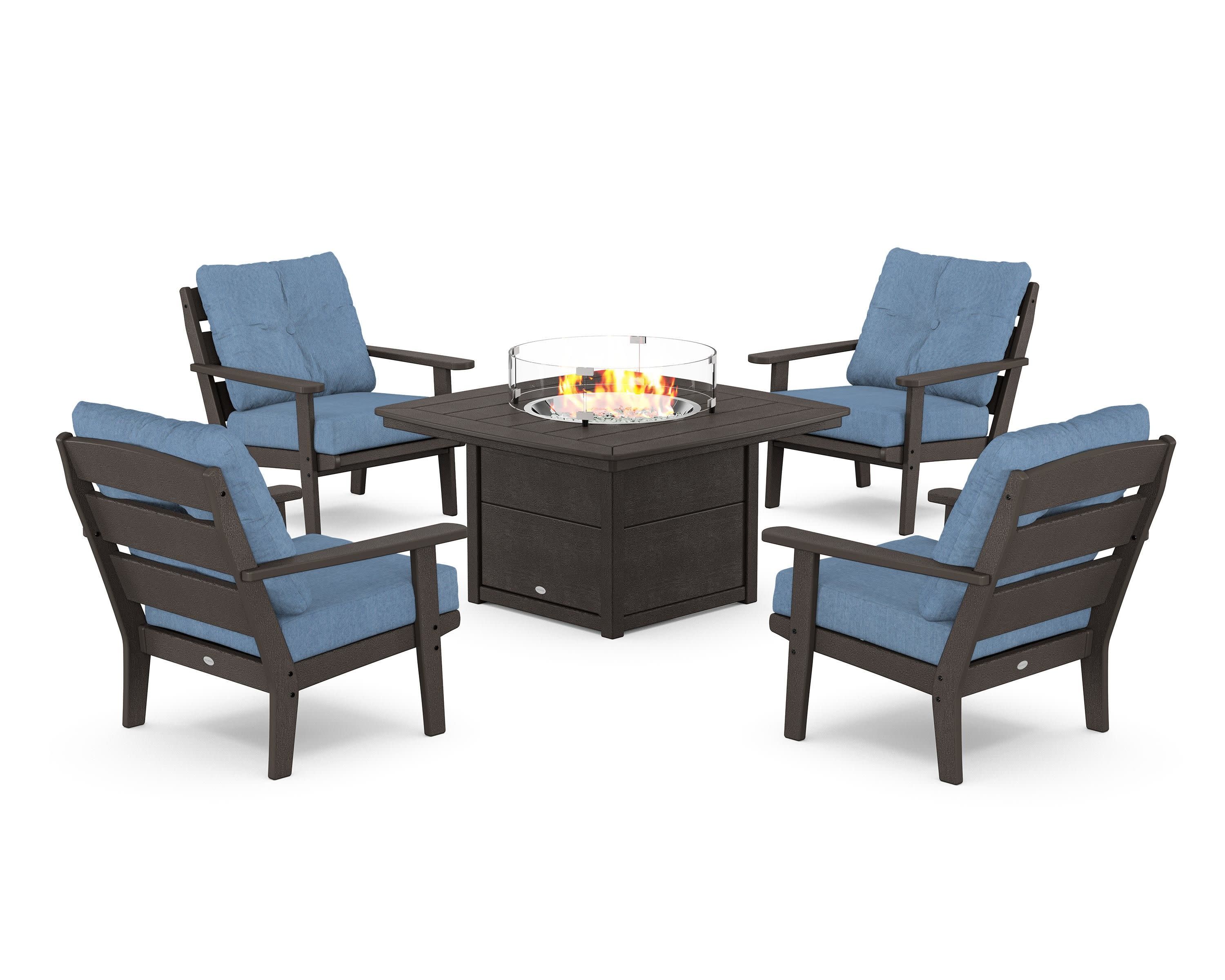 Lakeside 5-Piece Deep Seating Set with Nautical Fire Pit Table in Vintage Coffee / Sky Blue